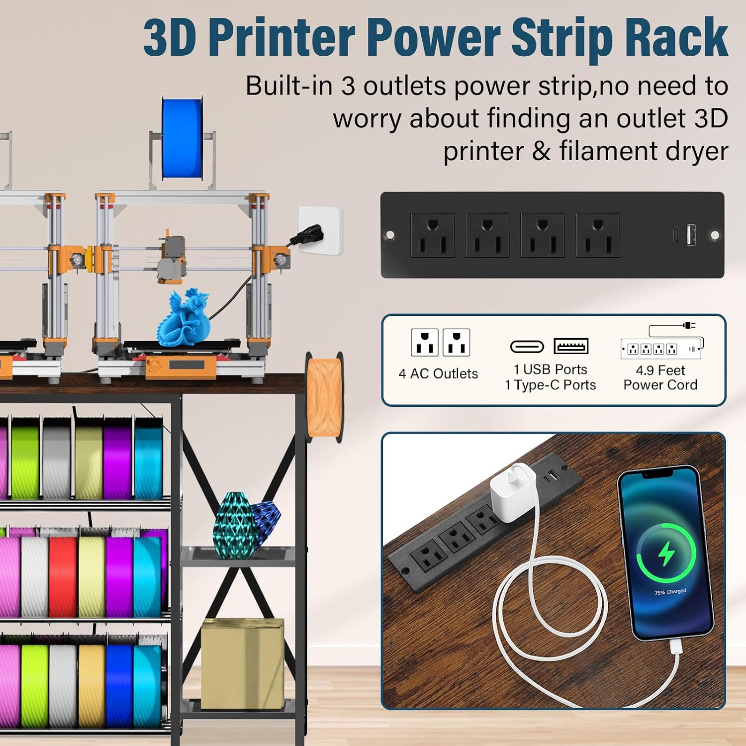 Heavy Duty 3D Printer Table with Storage, Large 4-Tier 3D Printer Stand with Power Outlet & Drawer, Sturdy Wooden Desk & Metal Filament Rack for Workshop, Home Office