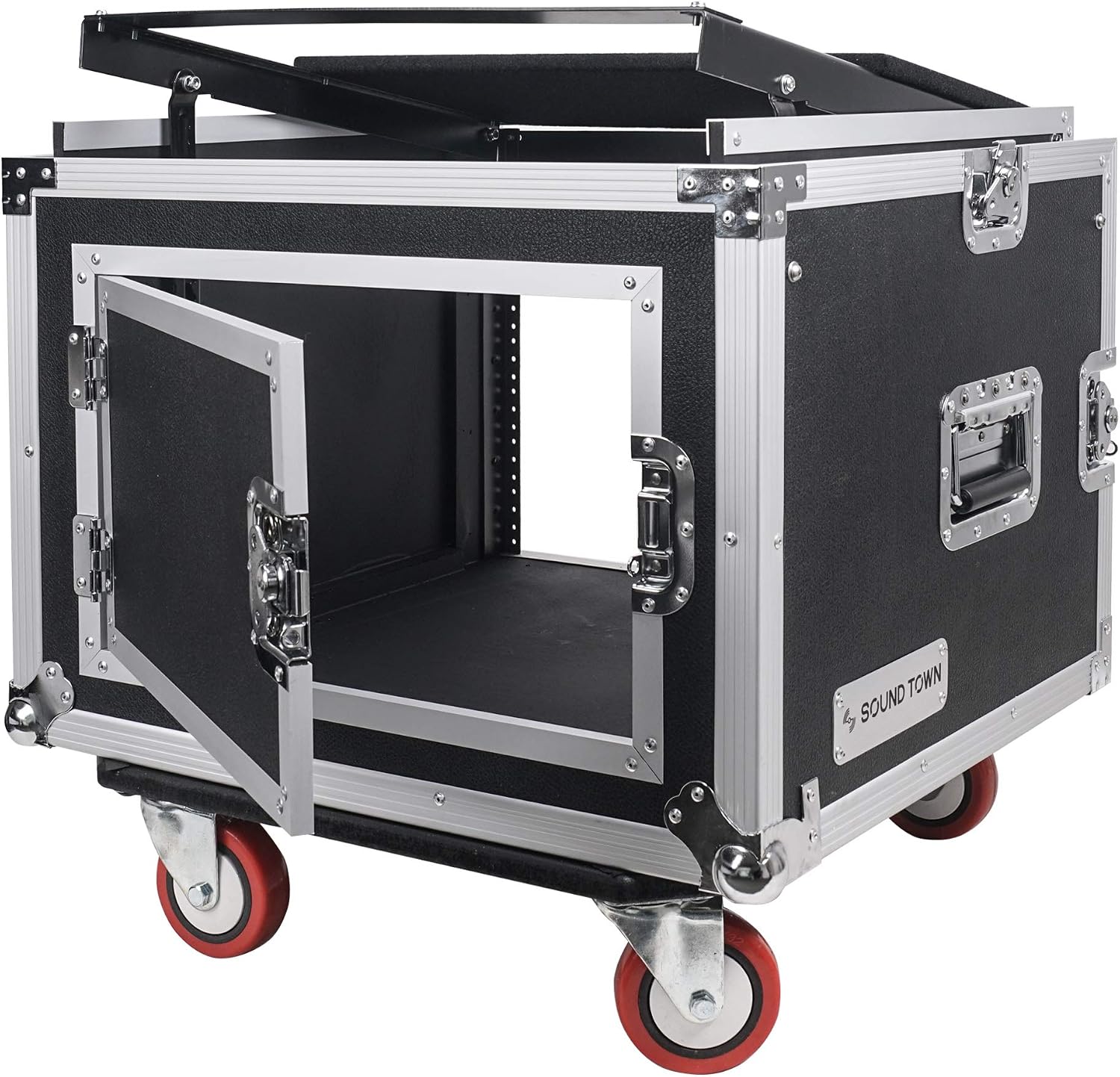 Sound Town Shock Mount 8U ATA Rack Case with 21' Rackable Depth, 11U Slant Mixer Top and Casters, 8-Space Size - Pro Tour Grade (STMR-SP8UW)