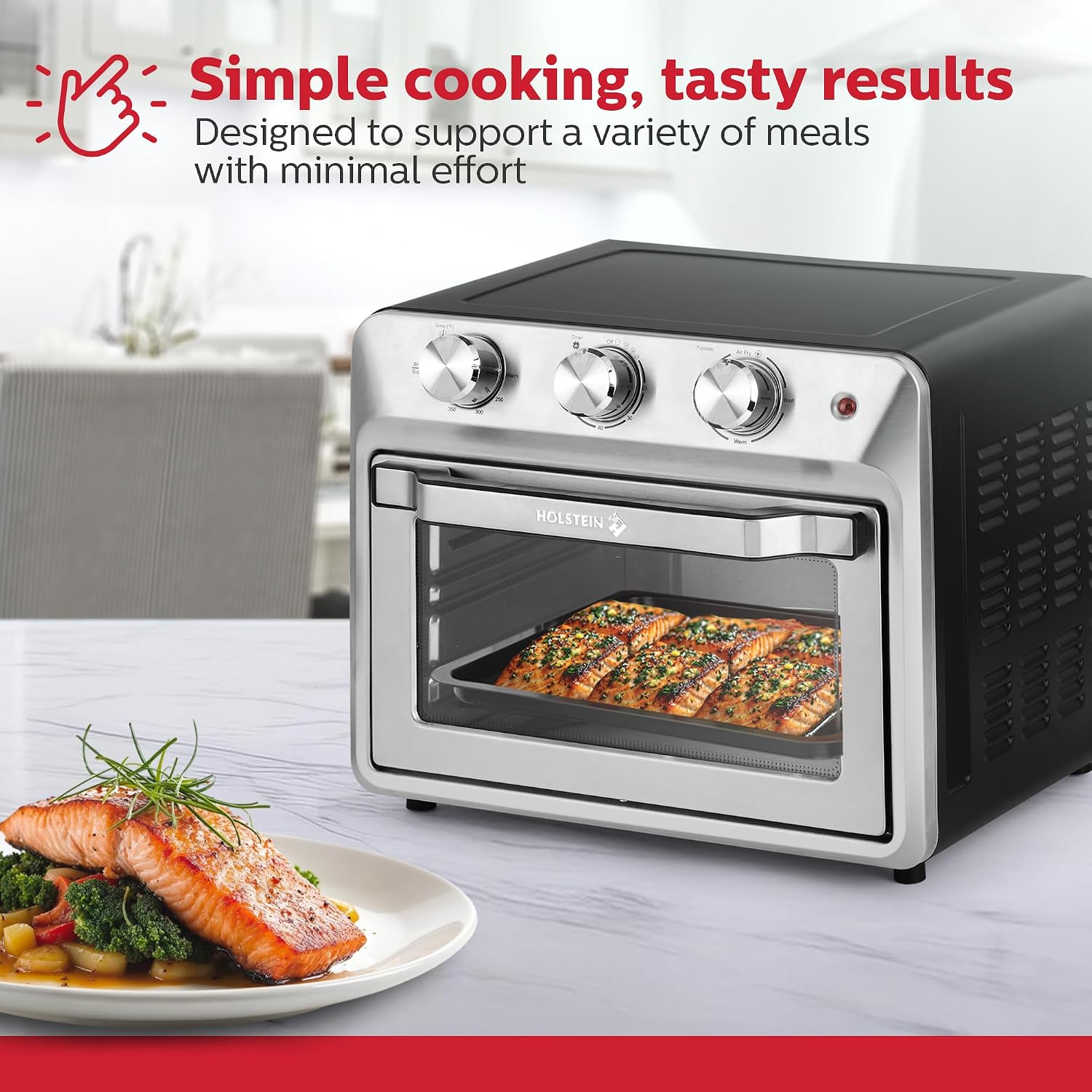 Holstein Housewares 21QT Air Fryer Oven. Multi-Function Countertop Oven for Toast, Bake, Broil, Roast & Air Fry with Glass Door, Timer & Dishwasher Safe Accessories. Large 6 Slice Capacity