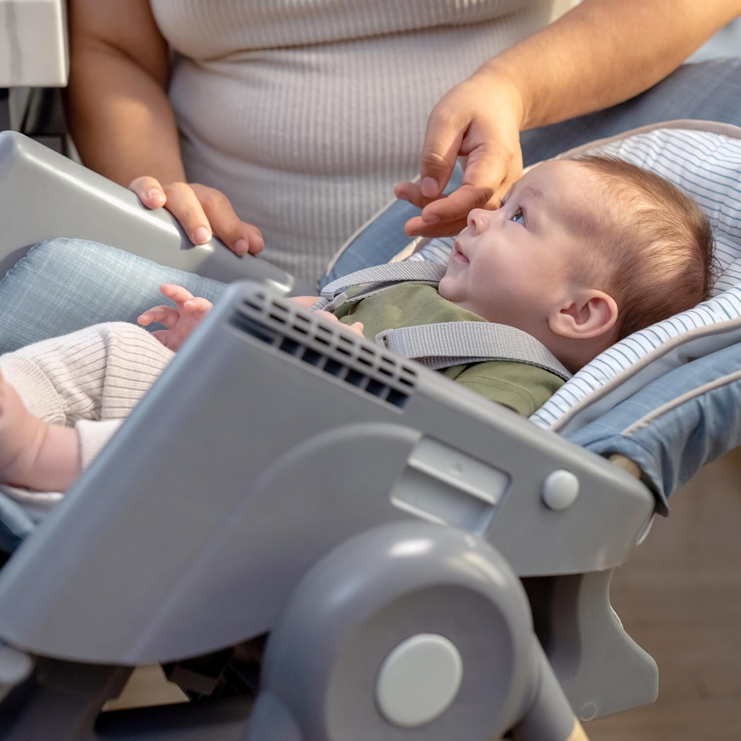 Ingenuity Proper Positioner Deluxe High Chair - 7-in-1 Convertible Baby Seat, Faux Wood Print Legs, Unisex, for Ages 0-36 Months
