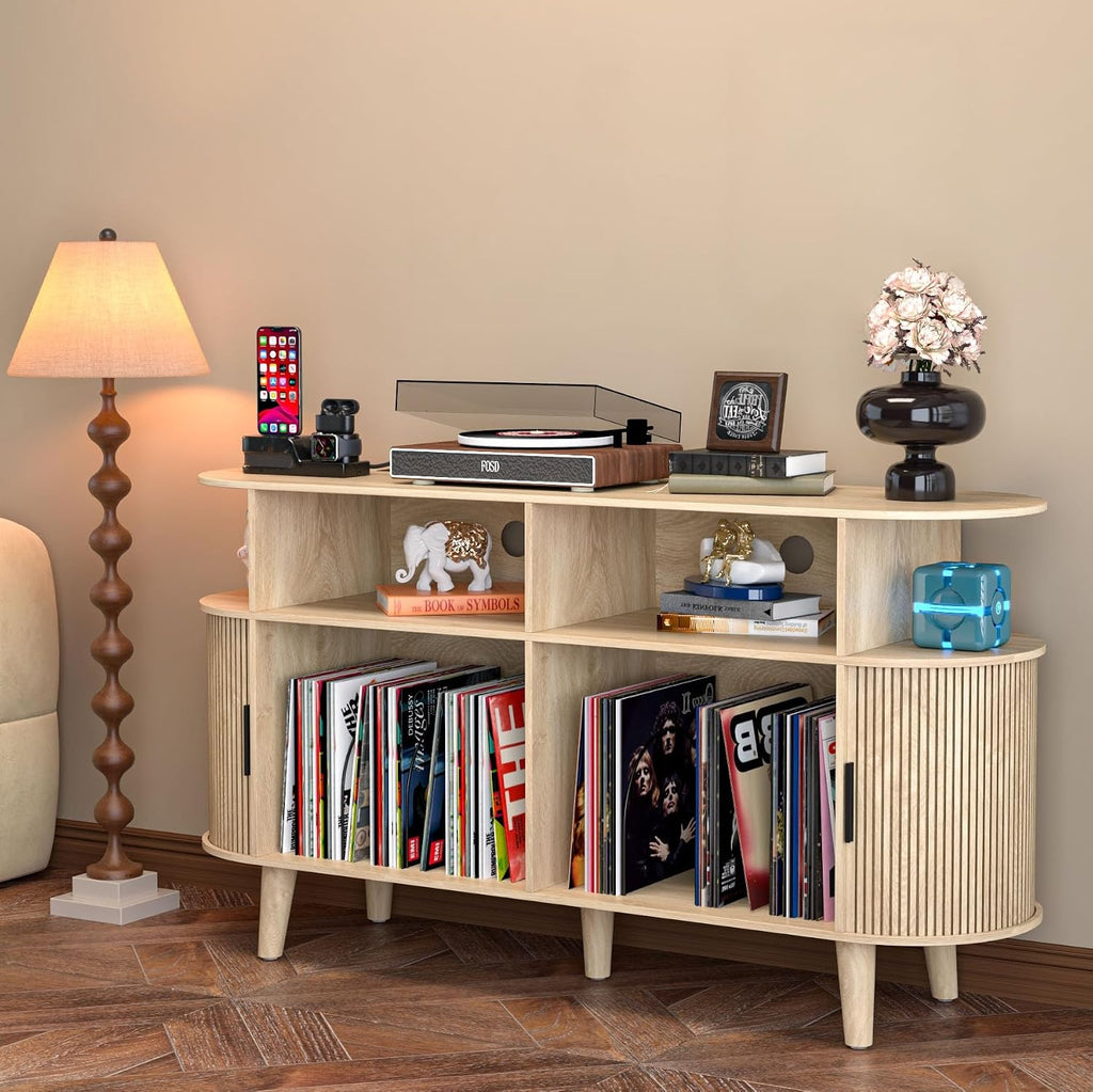 LUVIOHOME Large Round Record Player Stand with Charging Station & USB Ports，Record Storage Cabinet, Mid Century Modern Turntable Stand for Bedroom Living Room (Oak)