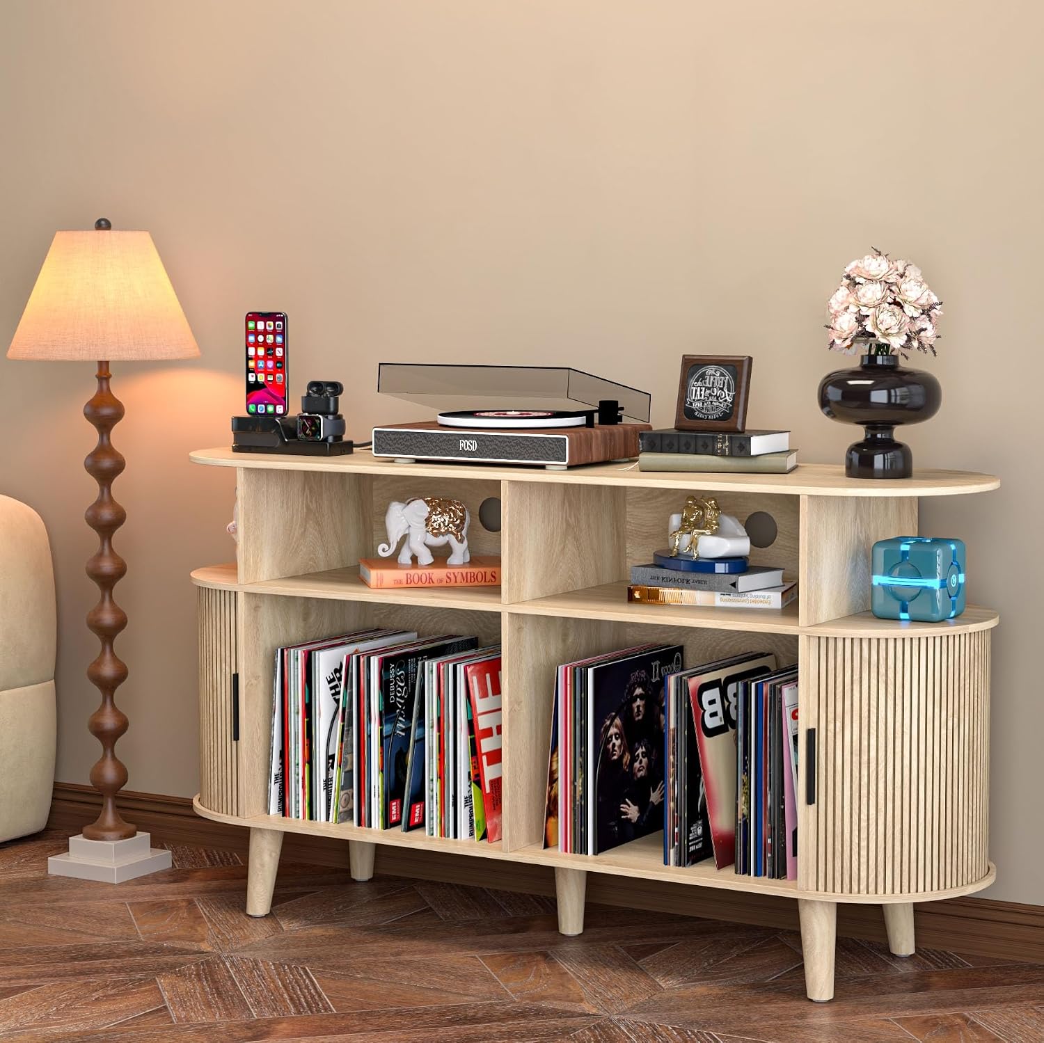 LUVIOHOME Large Round Record Player Stand with Charging Station & USB Ports，Record Storage Cabinet, Mid Century Modern Turntable Stand for Bedroom Living Room (Oak)