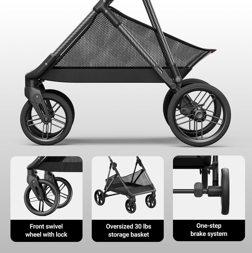 MAMAZING Air Lux Baby Stroller, Carbon Fiber Frame Only 15.8lbs, Compact Fold Toddler Stroller with Reversible All-Season Seat, Included UPF 50+ Canopy, Large Storage Basket, Magnetic Buckle Harness
