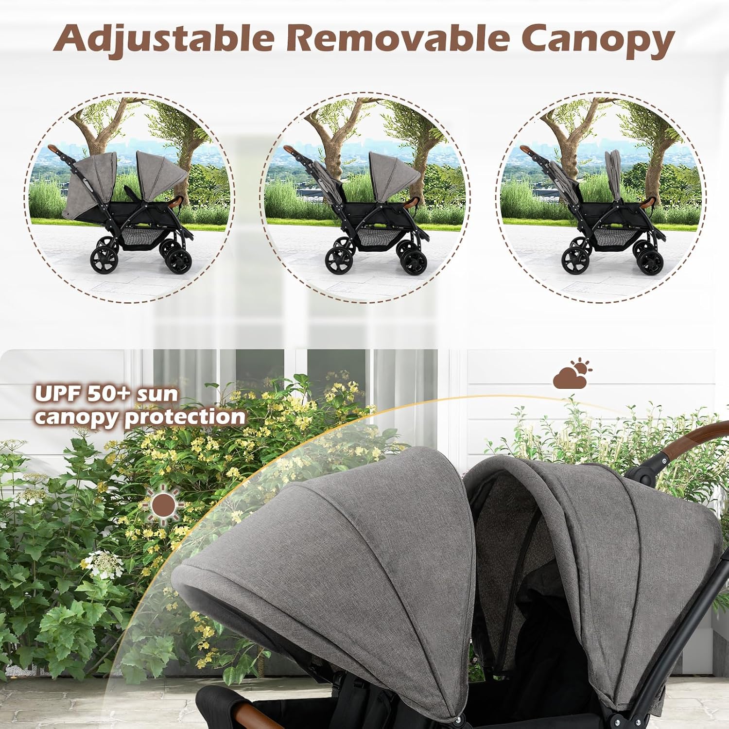 INFANS Double Stroller, Foldable Baby Tandem Stroller with Djustable Backrest Canopy Footrest, 5-Point Harness, Storage Basket, Convertible Compact Twin Stroller for Infants and Toddlers