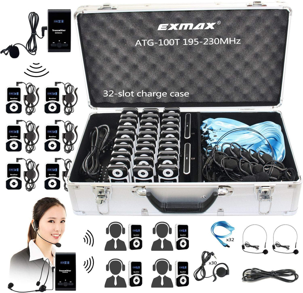 EXMAX ATG-100T 195MHz Wireless Tour Guide System Voice Audio Transmission +32-Slot Charge Case for School Teaching Tour Guides Conference Church Translation City Trip(2 Transmitters and 30 Receivers)