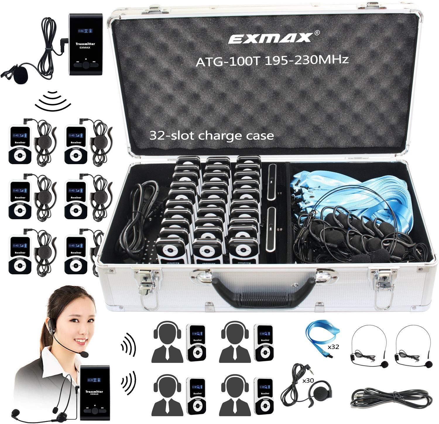 EXMAX ATG-100T 195MHz Wireless Tour Guide System Voice Audio Transmission +32-Slot Charge Case for School Teaching Tour Guides Conference Church Translation City Trip(2 Transmitters and 30 Receivers)
