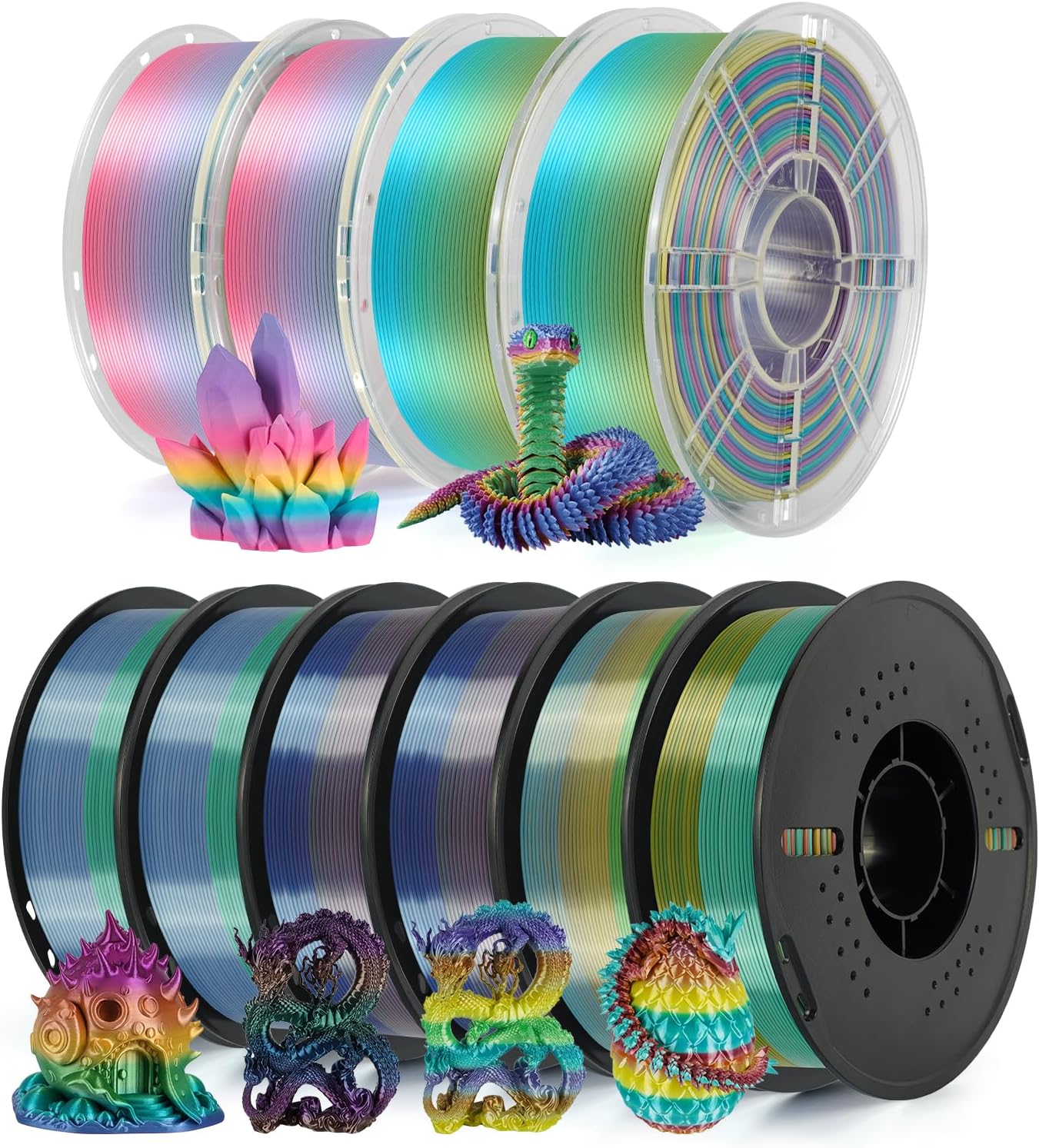 Kingroon Silk Rainbow PLA Filament Bundle 10kg (22lbs), 10 Spools 1.75mm Multicolor Gradient 3D Printing Filament, ±0.03mm Accuracy, No Clogging for FDM 3D Printers