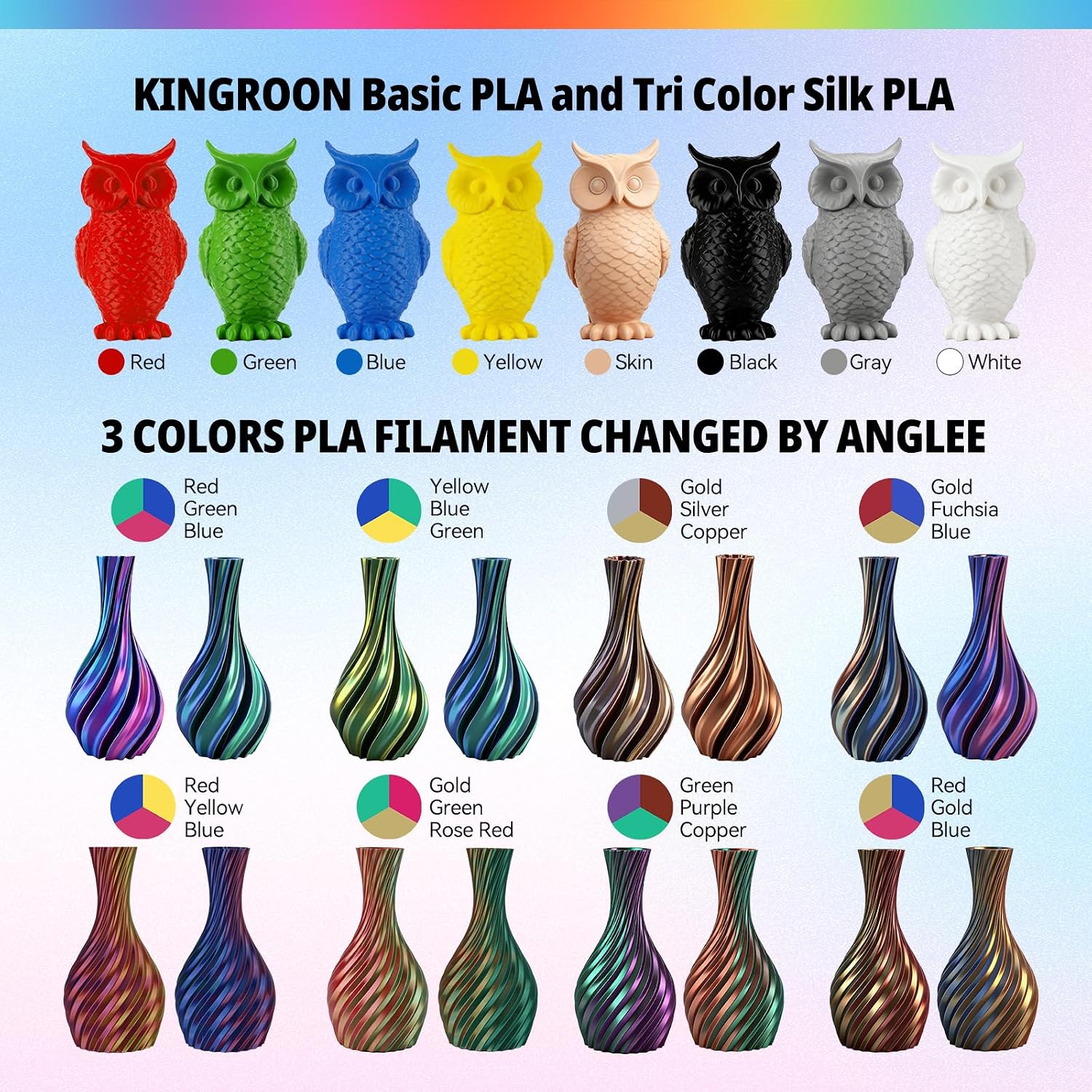 Kingroon 16KG PLA Filament 1.75mm Bundle, 3D Printer Multicolor Filament Bulk Includes Basic PLA and Tri Color Silk PLA, 1KG Spool x 16 Pack, Dimensional Accuracy +/- 0.03mm, Fit Most FDM Printers
