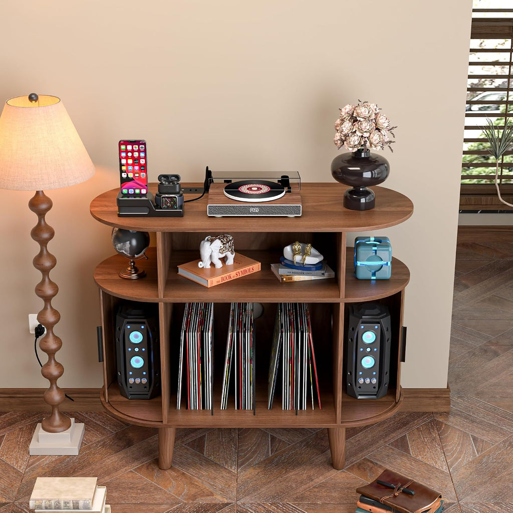 LUVIOHOME Large Round Record Player Stand with Charging Station & USB Ports，Record Storage Cabinet, Mid Century Modern Turntable Stand for Bedroom Living Room (Small Brown)