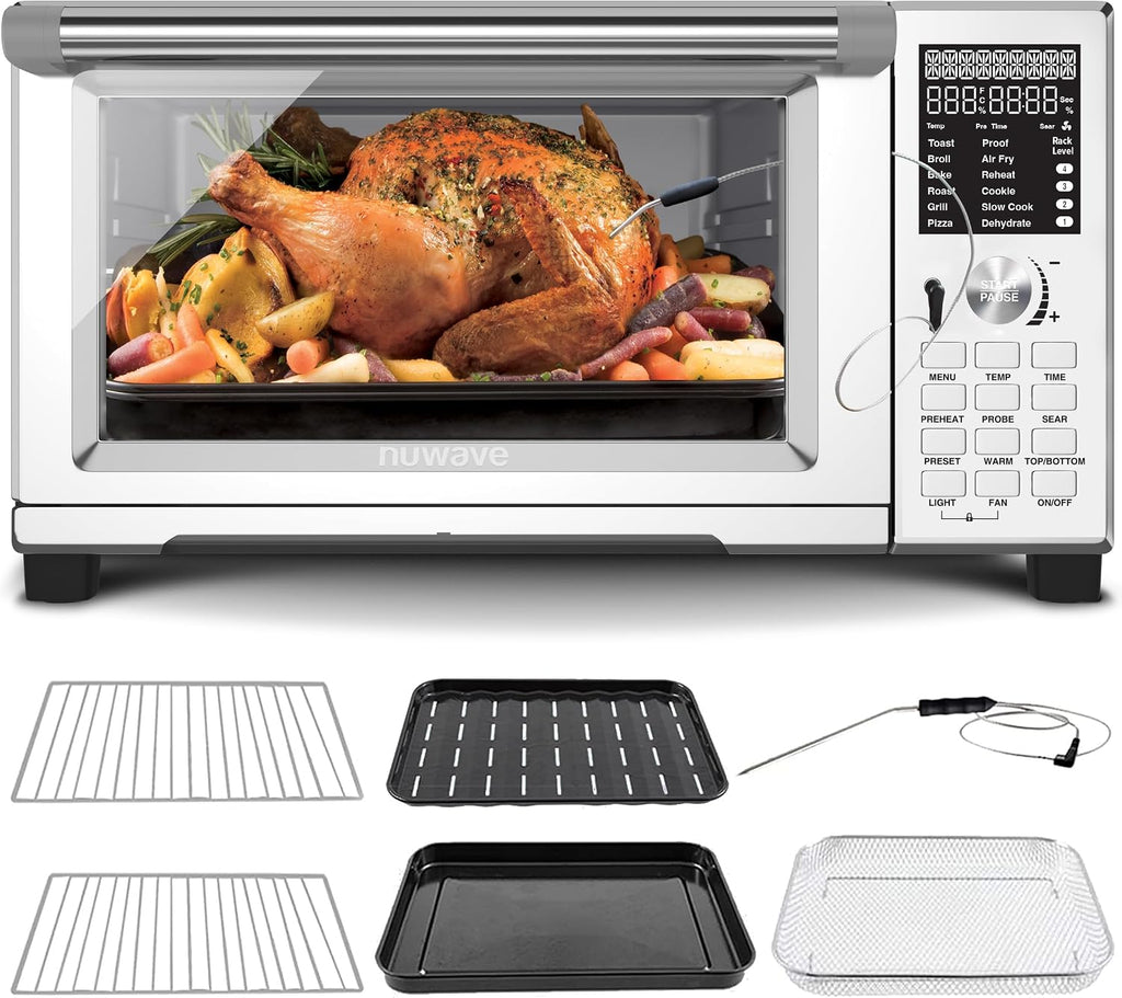 Nuwave Bravo Pro Countertop Convection Oven, 90% Less Oil, multi-Layer Cooking, Cool White Display, Integrated Probe, Improved 100% Convection, 30QT, PFAS Free (Bravo XL Pro)