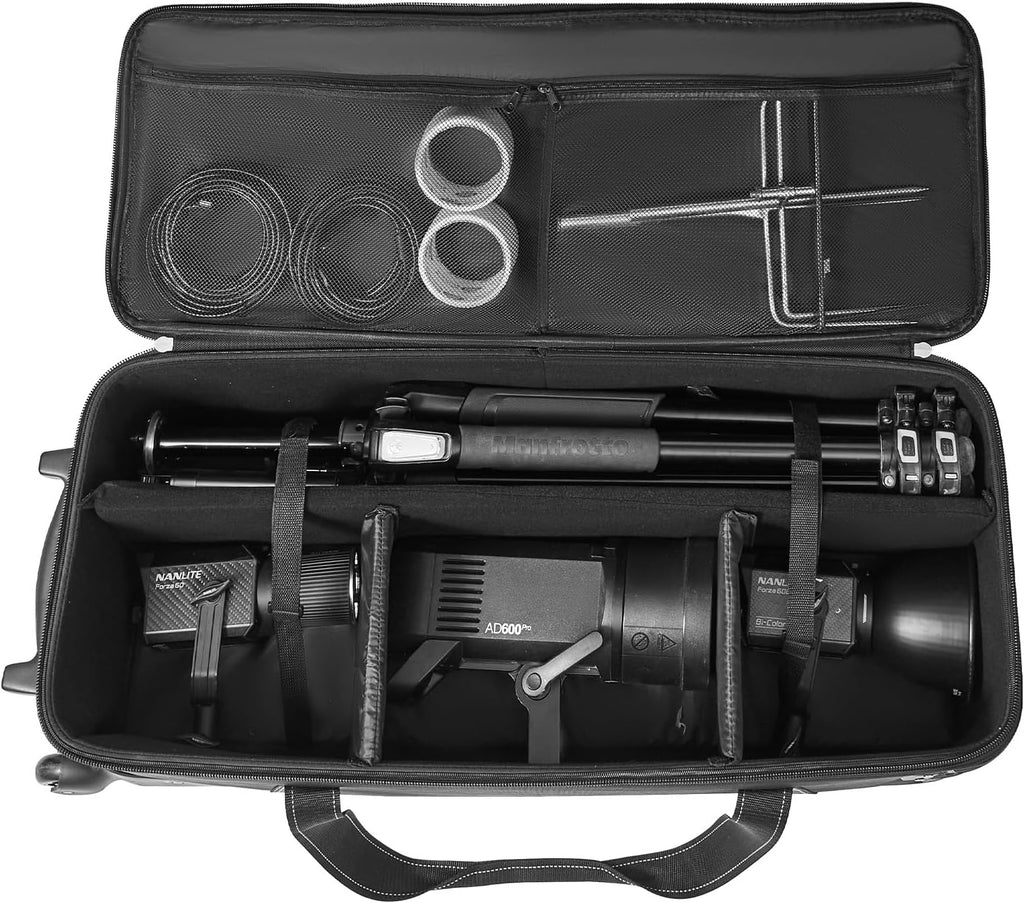 VEVOR Studio Equipment Trolley Case, 35.83 x 11.81 x 14 in / 91 x 30 x 35.5 cm, Rolling Camera Bag, Carrying Bag with Wheels Straps Padded Compartment Handle, for Light Stands, Tripods, Telescopes