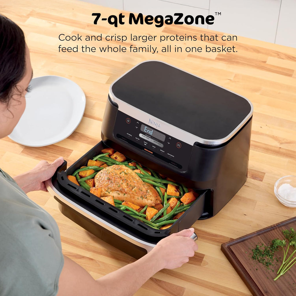 Ninja Foodi Air Fryer | 6-in-1 with 7-QT MegaZone & Basket Divider for Large Proteins & Full Meals | Cook 2 Foods at Once | 450° F | Air Fry, Roast, Broil, Dehydrate, Keep Warm & Bake | Black | DZ071