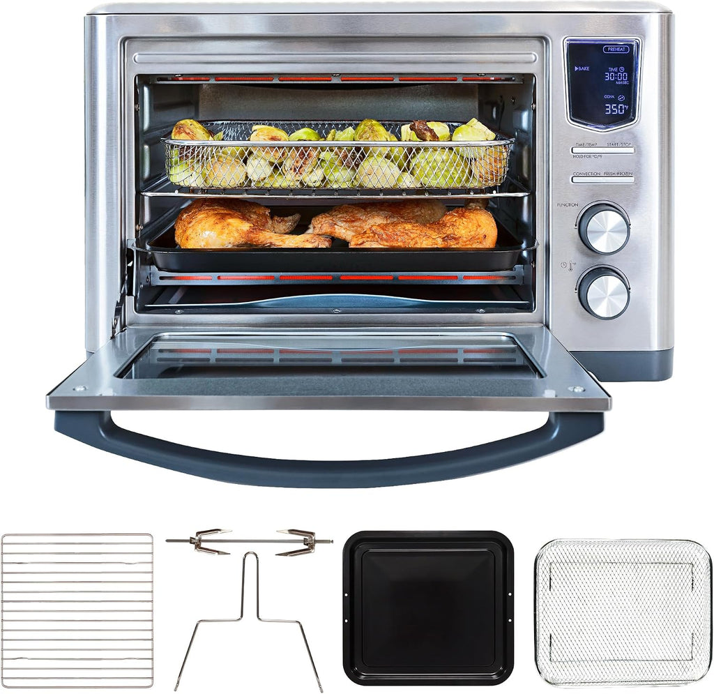 Kenmore Digital 11-In-1 Air Fryer Toaster Oven Combo 26 Qt Convection Rotisserie Dehydrator Bake Broil 1800 Watts 80°-450°F Temp Controls Top & Bottom Heater Adjustments Stainless Steel Large Capacity
