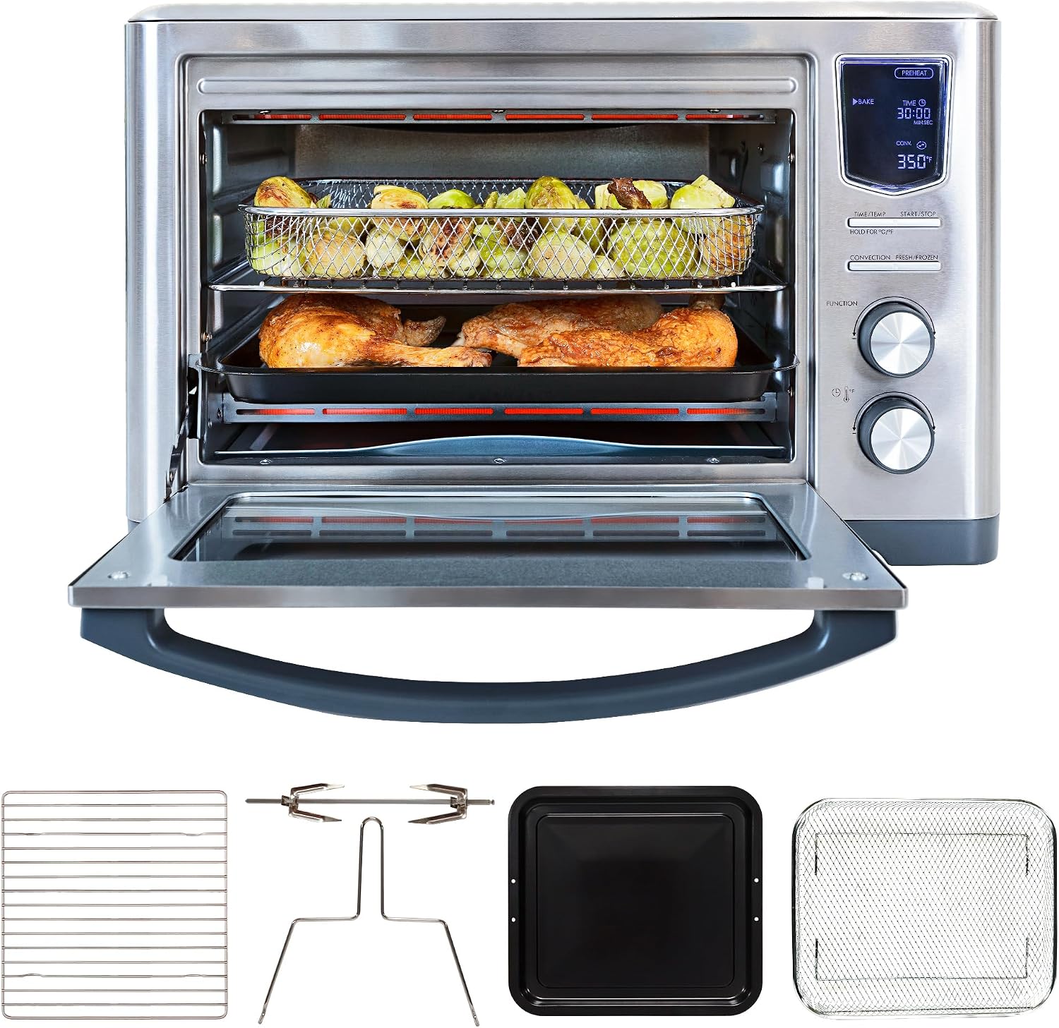 Kenmore Digital 11-In-1 Air Fryer Toaster Oven Combo 26 Qt Convection Rotisserie Dehydrator Bake Broil 1800 Watts 80°-450°F Temp Controls Top & Bottom Heater Adjustments Stainless Steel Large Capacity