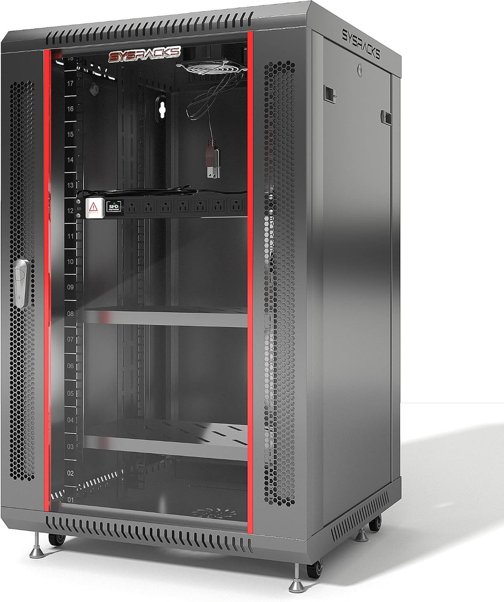 Sysracks 18U Wall Mount Av Server Network Rack 24 inch Deep Data Cabinet on Wheels - Cooling Fan - 2 Shelves - PDU - Casters - Dust Tight Cable Entries