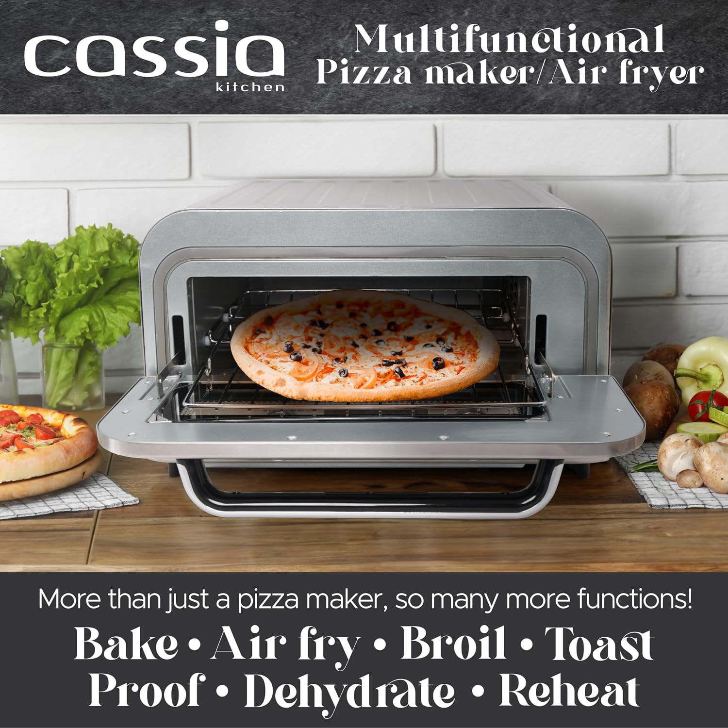 Cassia Countertop Electric Air Fryer Pizza Oven, 12' Capacity, 20L, 1800W, Heats up to 750°F, 16 Presets, Includes Pizza Stone, Peel, Fry Basket, Stainless Steel