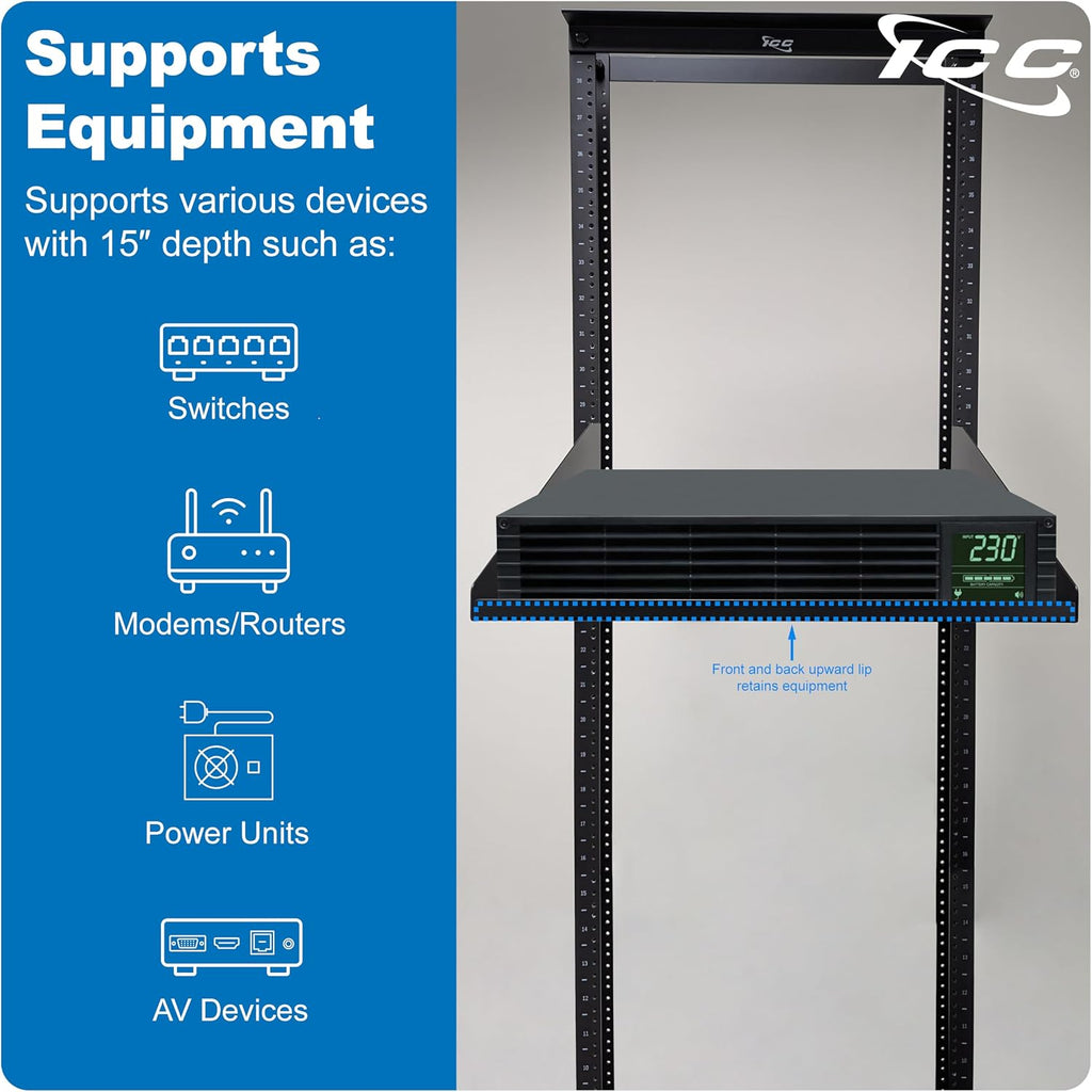 ICC 3U Cantilever Rack Shelf, Heavy-Duty Ventilated Steel Tray for 19' Network Equipment Racks, 15' Deep, 50 lbs Capacity, 2-Pack, Black