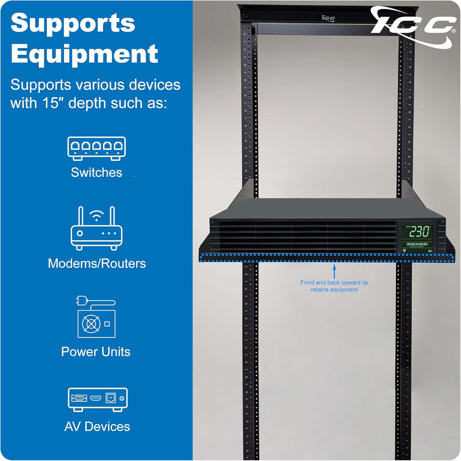 ICC 3U Cantilever Rack Shelf, Heavy-Duty Ventilated Steel Tray for 19' Network Equipment Racks, 15' Deep, 50 lbs Capacity, 2-Pack, Black