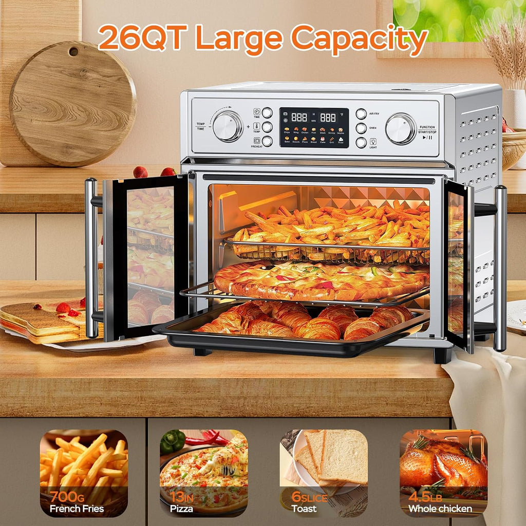PlumChef 29.5QT Large Capacity French Double-Door Air Fryer Convection Toaster Oven, 1700W, 14 Preset Menus, 7-in-1 Multi-Function (Bake, Roast, Gril,Toast,Dehydrate&Defrost), Stainless Steel,silvery
