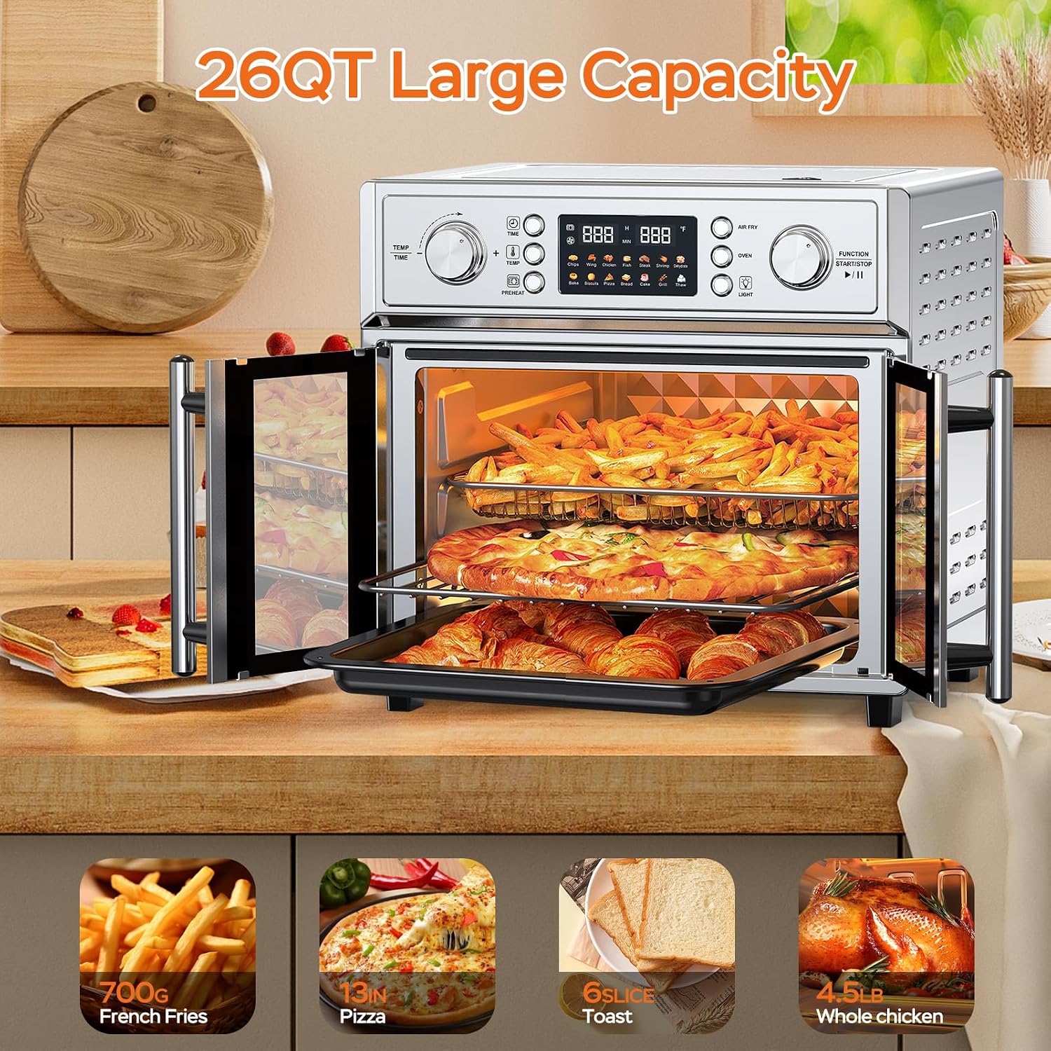 PlumChef 29.5QT Large Capacity French Double-Door Air Fryer Convection Toaster Oven, 1700W, 14 Preset Menus, 7-in-1 Multi-Function (Bake, Roast, Gril,Toast,Dehydrate&Defrost), Stainless Steel,silvery