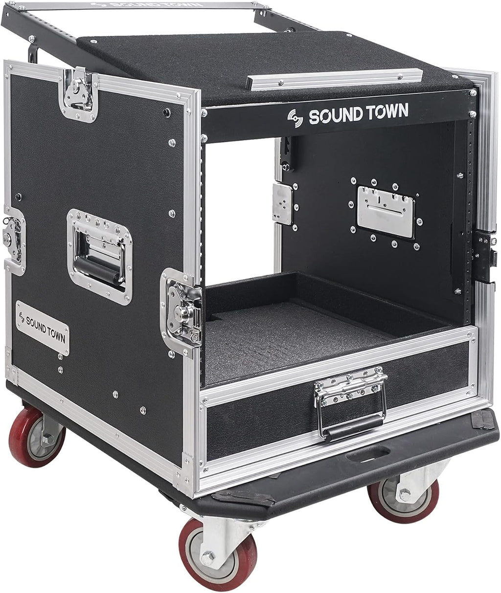 Sound Town 10U PA DJ Pro Audio Rack/Road ATA Case with 2U Drawer, 11U Slant Mixer Top, DJ Work Table, Casters, Pro Tour Grade (MR-DR10U)