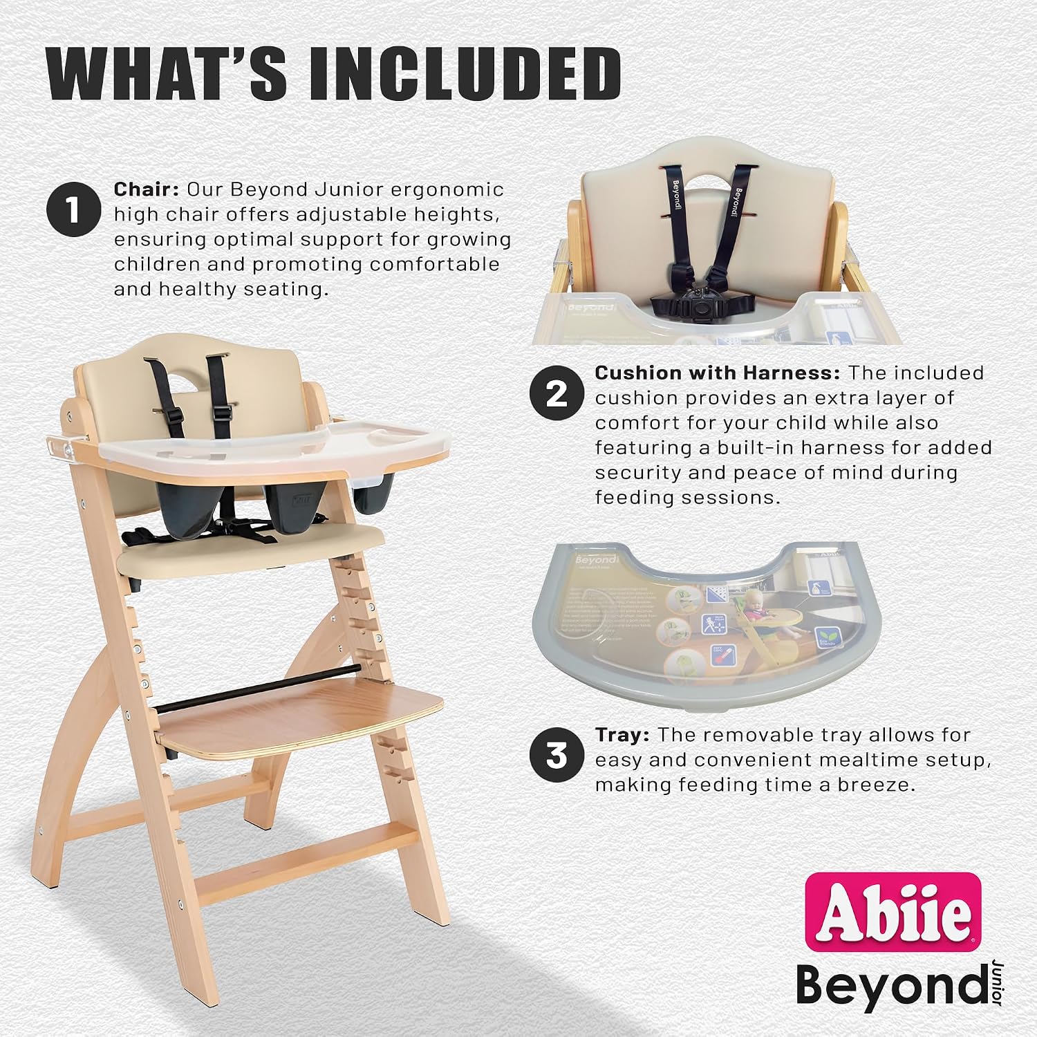 Abiie Beyond Junior Wooden High Chair with Tray - Adjustable and Convertible High Chair for Babies and Toddlers - 6 Months to 250 Lb - Water Resistant - Natural Wood with Beige Cushion
