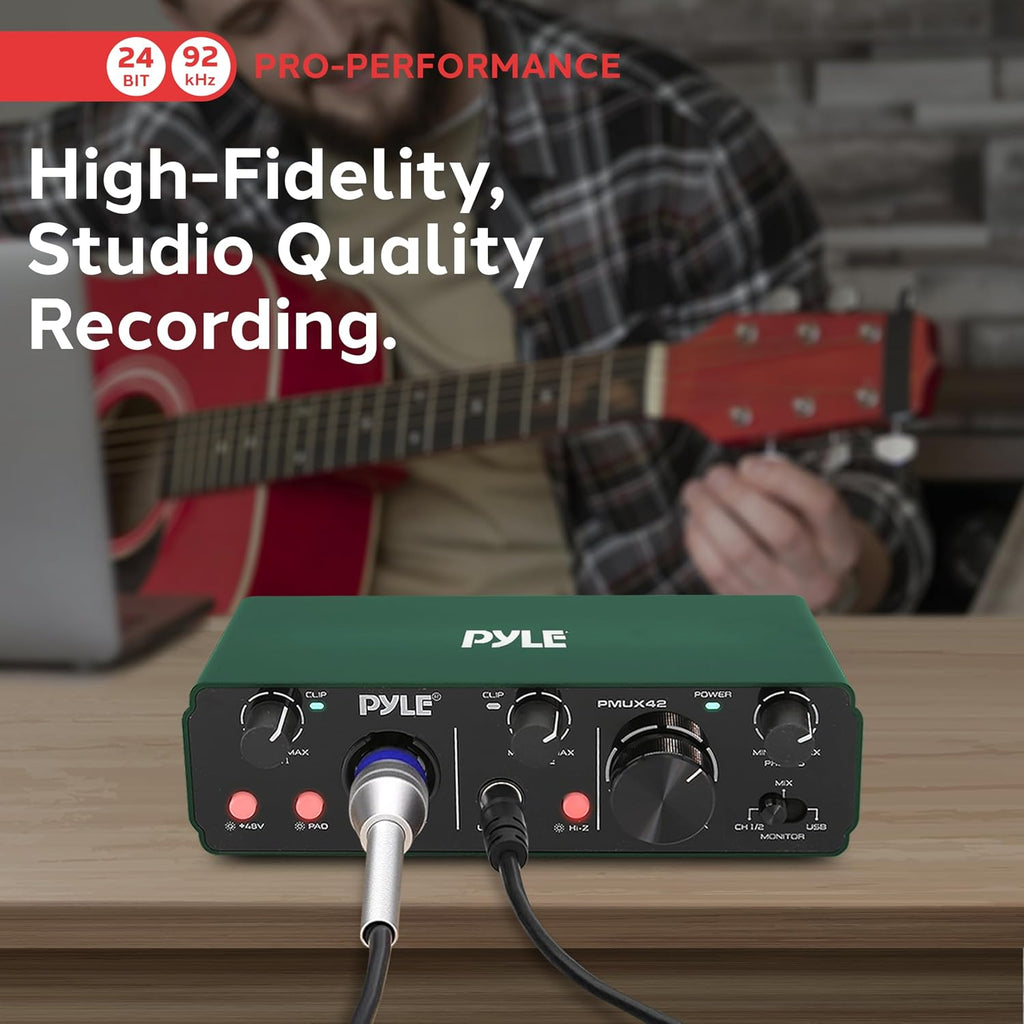 Pyle USB Audio Interface for Recording Music, Podcasting, and Streaming – 2-IN/2-OUT, 24bit/192kHz, Low-Noise, High-Fidelity Studio Quality, USB Powered, Rugged Metal Chassis, 5.9' x 4' x 1.8'