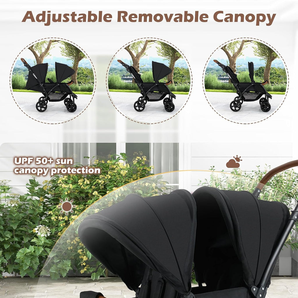 INFANS Double Stroller, Foldable Baby Tandem Stroller with Djustable Backrest Canopy Footrest, 5-Point Harness, Storage Basket, Convertible Compact Twin Stroller for Infants and Toddlers