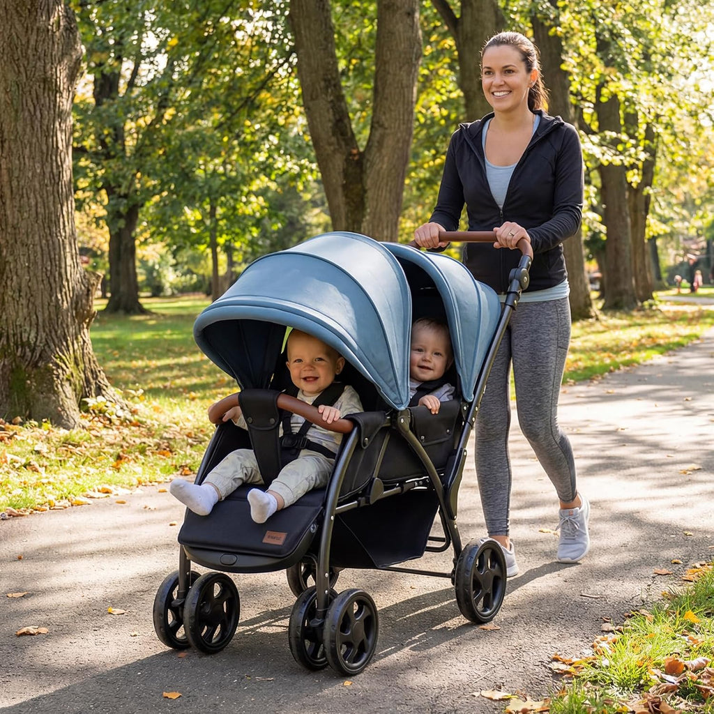 INFANS Double Stroller, Foldable Baby Tandem Stroller with Djustable Backrest Canopy Footrest, 5-Point Harness, Storage Basket, Convertible Compact Twin Stroller for Infants and Toddlers (Sage)