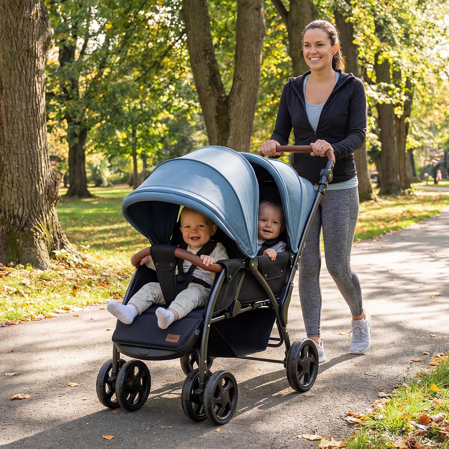 INFANS Double Stroller, Foldable Baby Tandem Stroller with Djustable Backrest Canopy Footrest, 5-Point Harness, Storage Basket, Convertible Compact Twin Stroller for Infants and Toddlers (Sage)