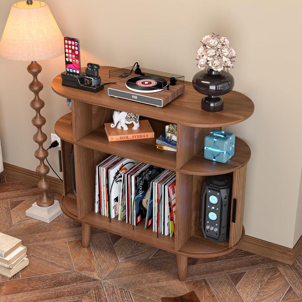 LUVIOHOME Large Round Record Player Stand with Charging Station & USB Ports，Record Storage Cabinet, Mid Century Modern Turntable Stand for Bedroom Living Room (Small Brown)