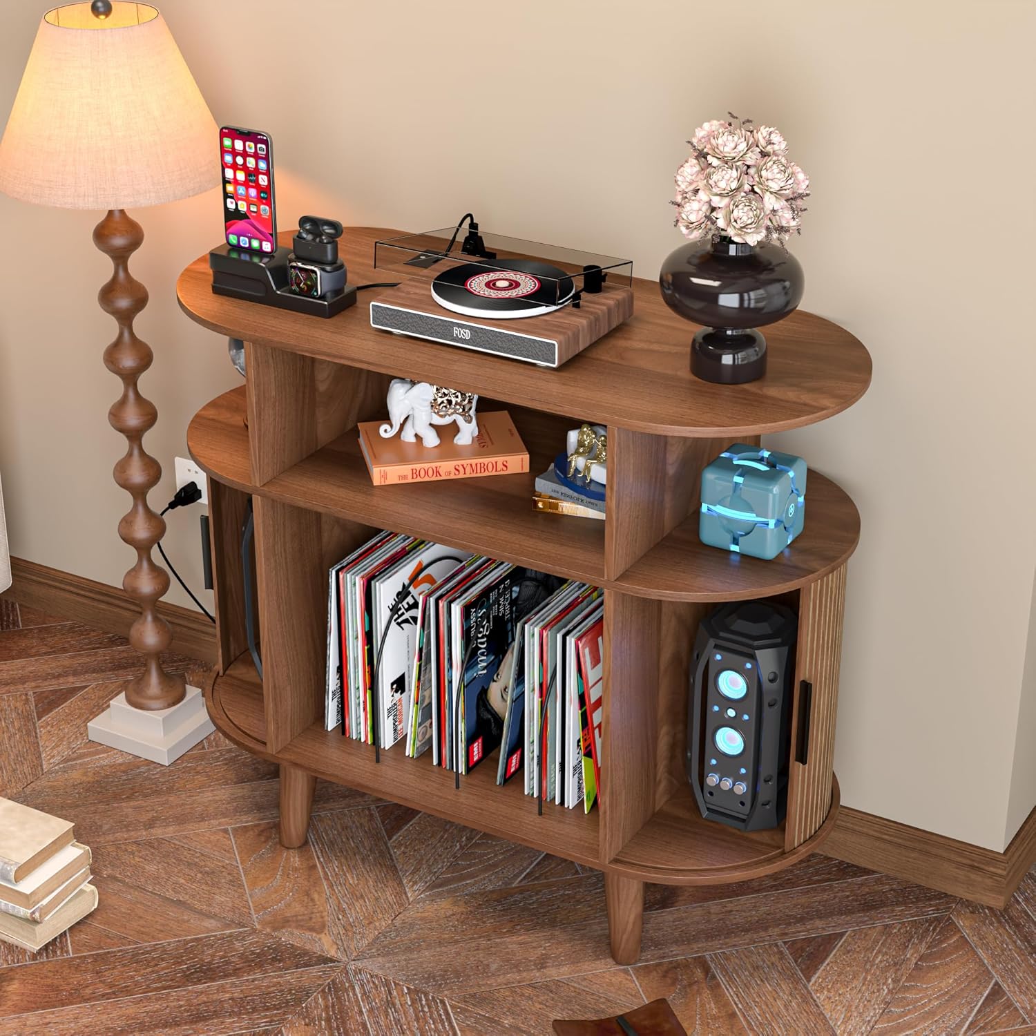 LUVIOHOME Large Round Record Player Stand with Charging Station & USB Ports，Record Storage Cabinet, Mid Century Modern Turntable Stand for Bedroom Living Room (Small Brown)