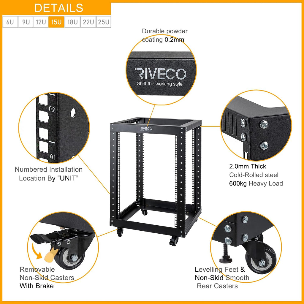 RIVECO 15U Server Rack Floor Standing Open Frame with Wheels- 19-inch 4 Post Quick Assembly AV Rack Network Heavy Duty Durable Black