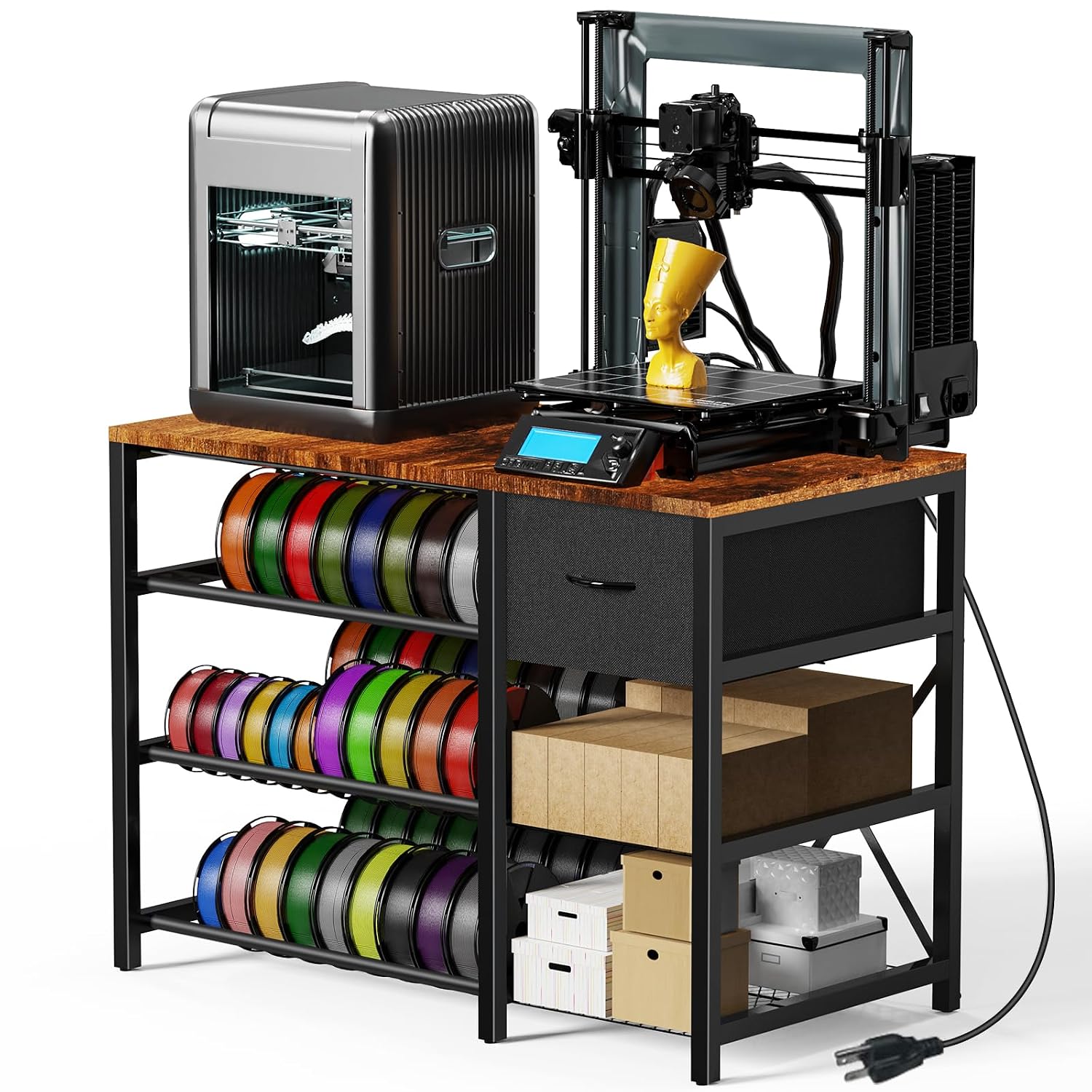 3D Printer Stand with Filament Storage Rack, 3D Printer Table with Power Outlet, 3-Tier Filament Holder with Drawer, 3D Printer Filament Stand Organized for Office Workshop Studio Office