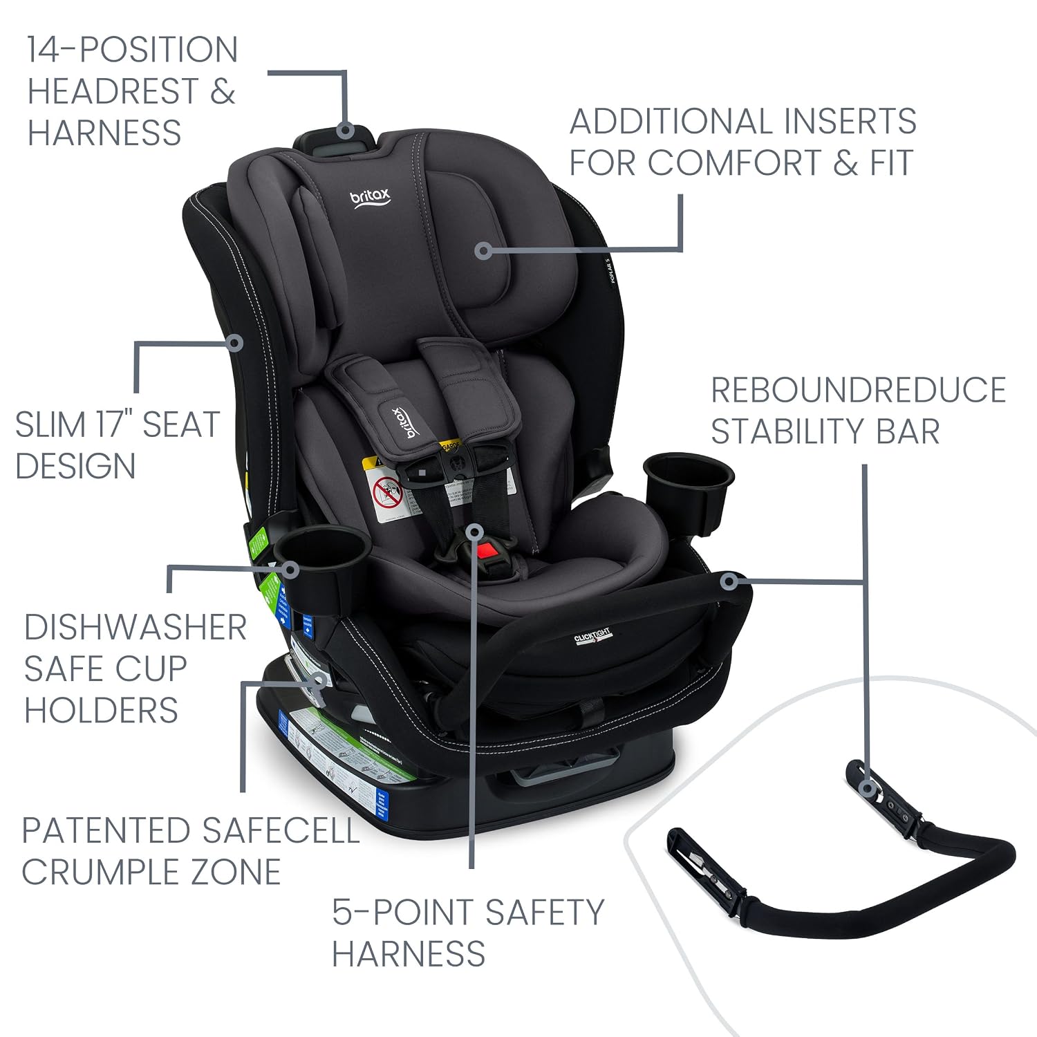 Britax Poplar S Convertible Car Seat, 2-in-1 Car Seat Extended Rear Facing, 17' Slim Car Seat Design with Fast & Easy ClickTight Installation, Anti-Rebound Bar & SafeWash Fabrics — Stone Onyx