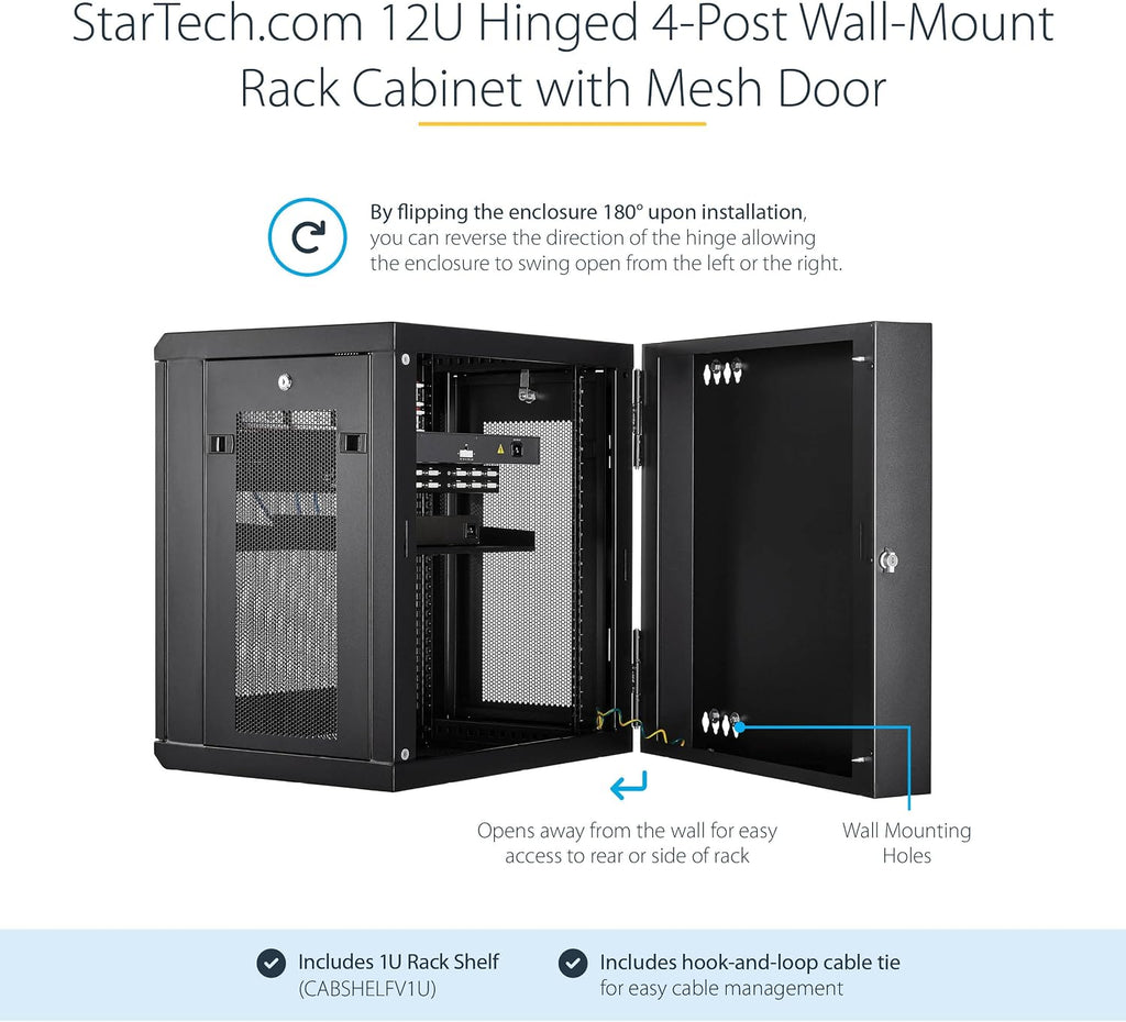 StarTech 4-Post 12U Wall Mount Network Cabinet with 1U Shelf, 19in Wall-Mounted Server Rack Kit, Up to 16in Mounting Depth, Ships Fully Assembled
