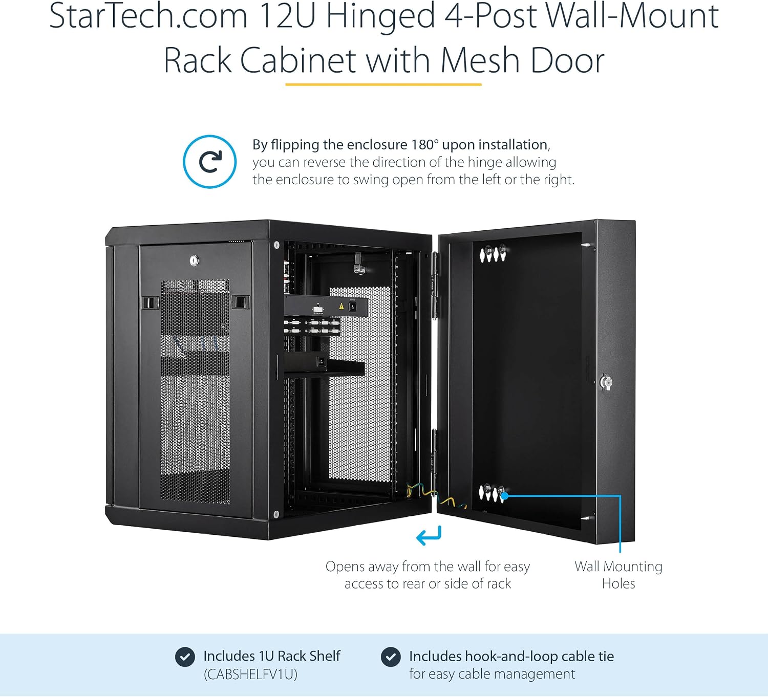 StarTech 4-Post 12U Wall Mount Network Cabinet with 1U Shelf, 19in Wall-Mounted Server Rack Kit, Up to 16in Mounting Depth, Ships Fully Assembled