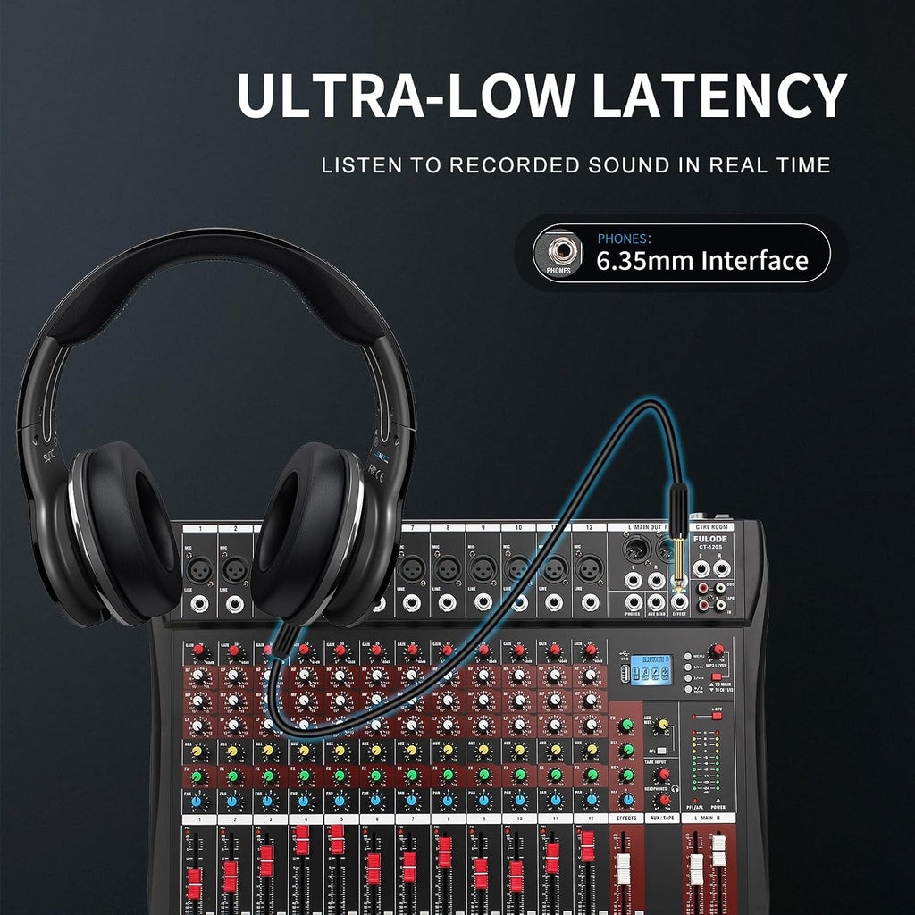FULUODE 12 Channel Mixer Audio Console, CT-120S Professional Music Mixer DJ Mixing Board with Reverb Bluetooth MP3 Player 48V Phantom Power Supply USB Recording for Studio Karaoke Live Performance