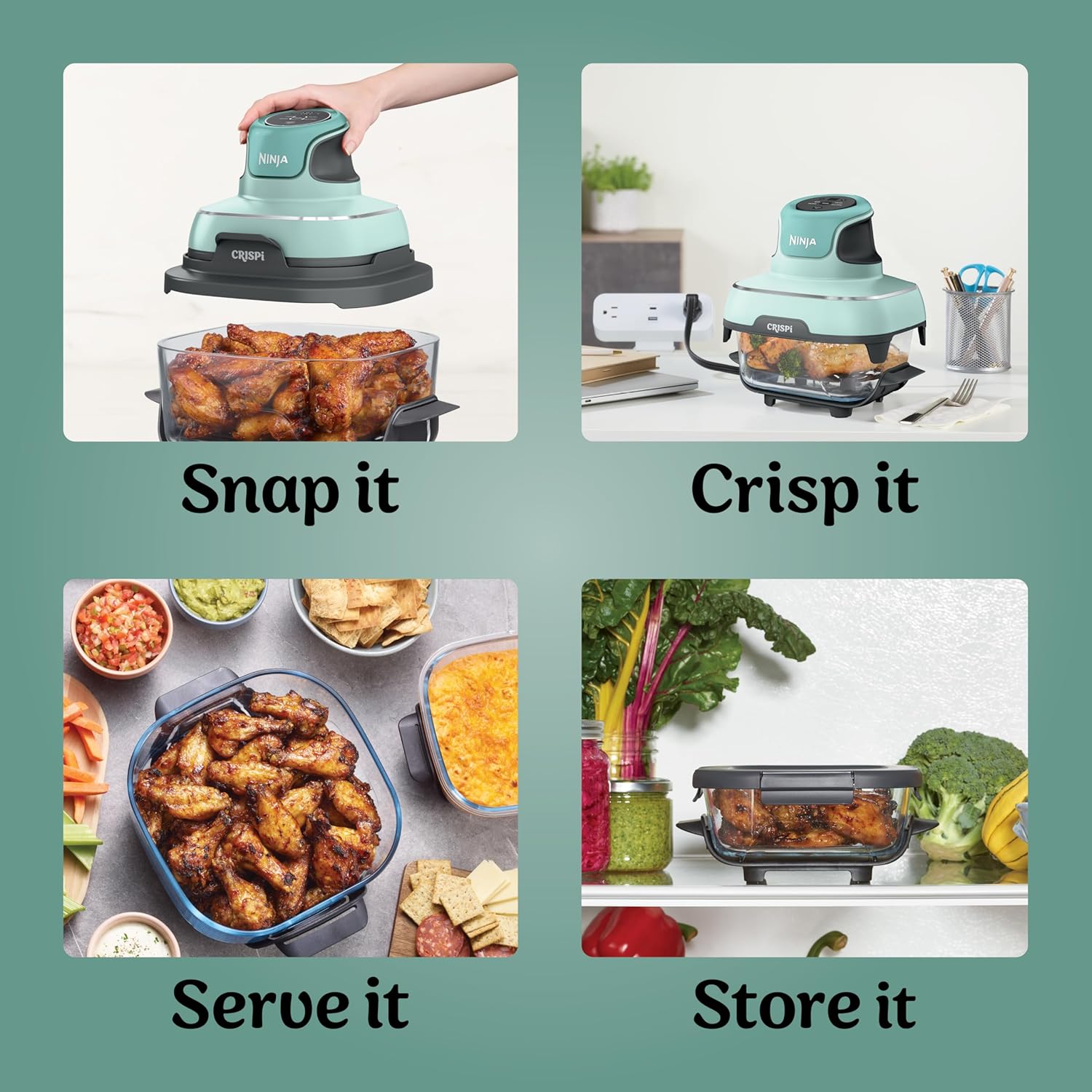 Ninja Crispi 4-in-1 Glass Air Fryer | 450°F | Non-Toxic | 4QT & 6-Cup Glass Containers w/Lids | Microwave, Freezer, Dishwasher Safe | Max Crisp, Air Fry, Bake, Recrisp | Mint | FN101MT