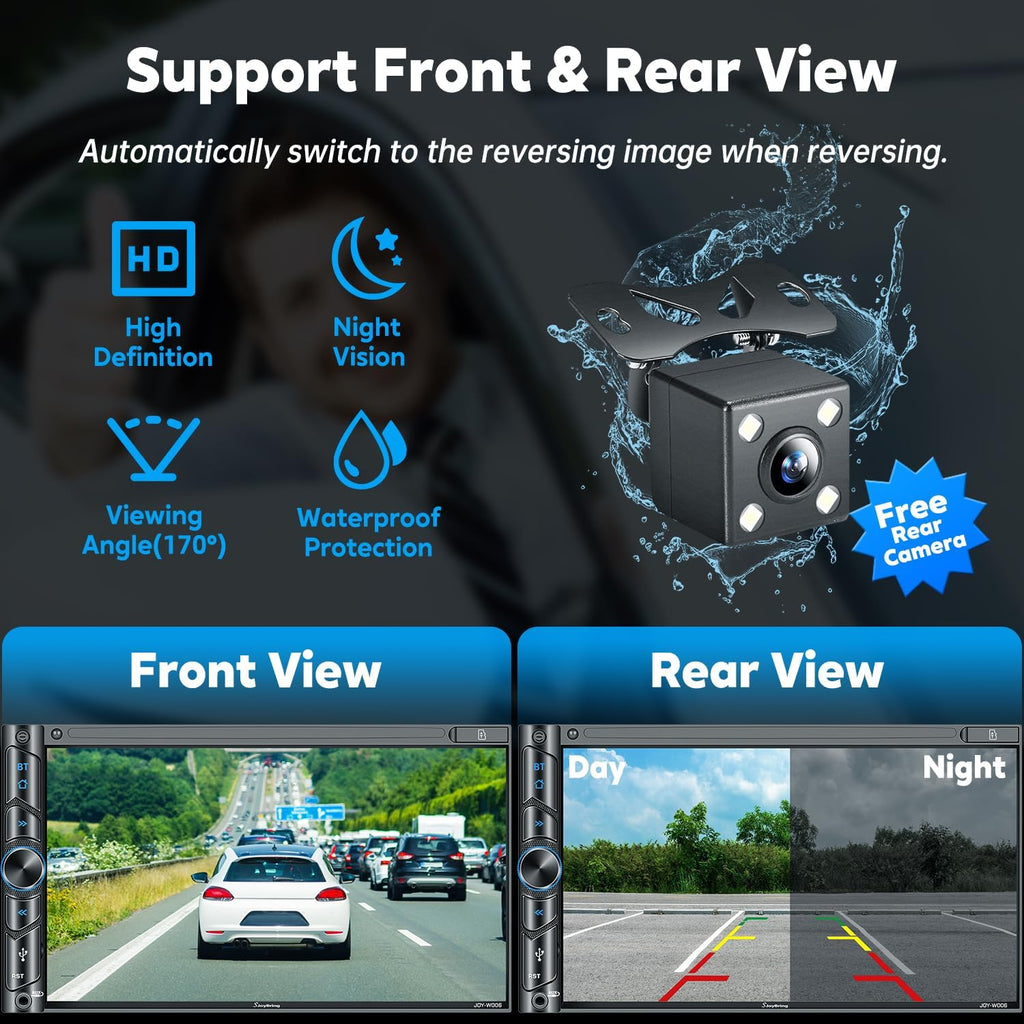 Upgrade Wireless Double Din Car Stereo with Carplay, Android Auto, Bluetooth, 4-Channel RCA, High Power, 2 Subwoofer Ports, 7' HD Capacitive Touchscreen Car Radio, Backup Camera, Audio Receiver