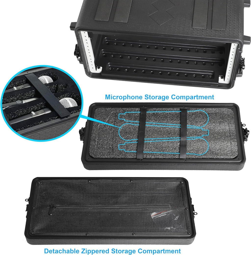 Diandian 4U Rack Case Shallow 16' Depth, 19' Rackmount Flight Case, Watertight Dust-Proof, Shock Mount for Amplifier, Pro Audio, DJ Mixer, Effects with Microphone Compartments