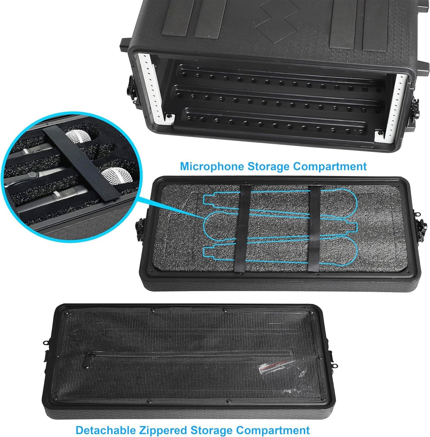 Diandian 4U Rack Case Shallow 16' Depth, 19' Rackmount Flight Case, Watertight Dust-Proof, Shock Mount for Amplifier, Pro Audio, DJ Mixer, Effects with Microphone Compartments