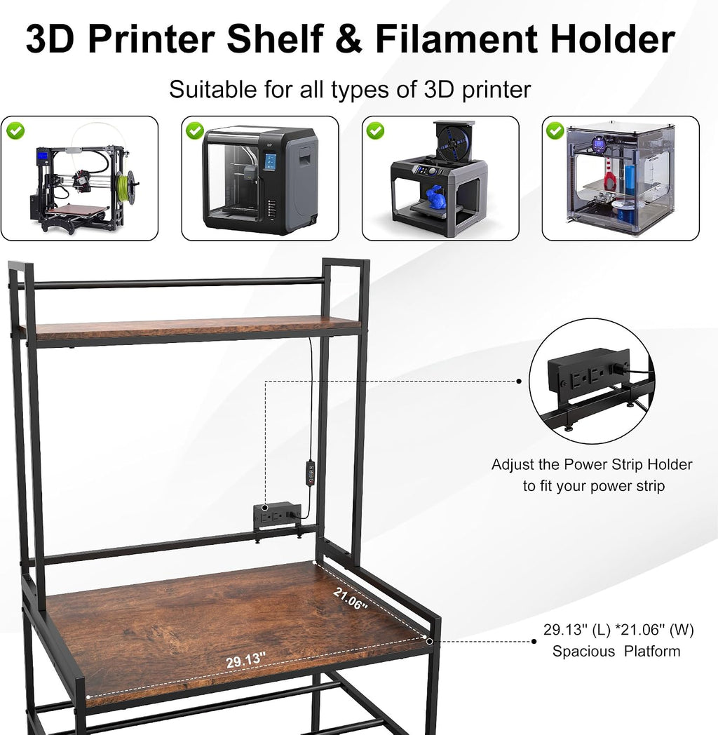 3D Printer Stand with Filament Storage, 3D Printer Table with LED Light and Display Shelf Rack, Heavy Duty Printer Desk Filament Storage Rack for Workshop Offices and Studios(Black)
