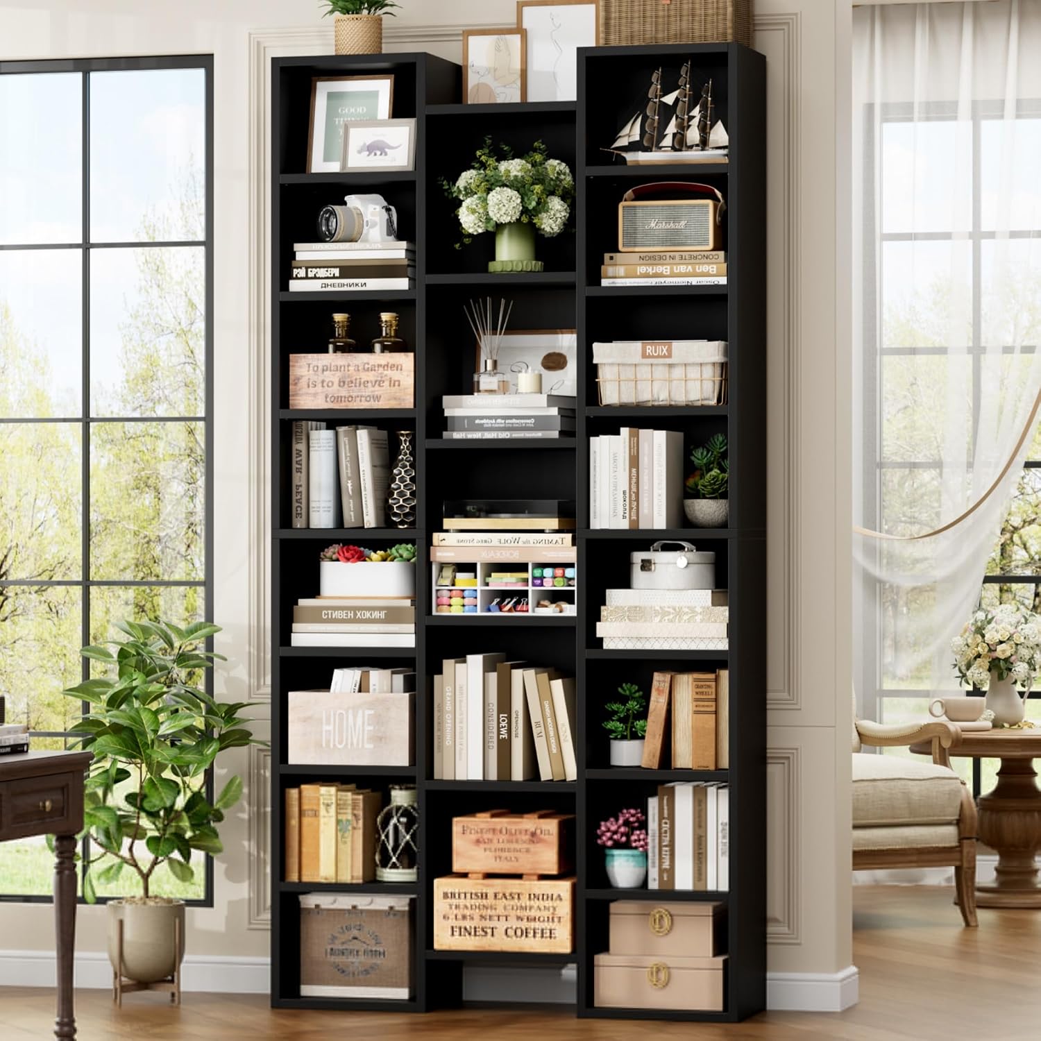 FOTOSOK 71'' Tall Bookshelf with 21 Cubes, 8 Tier Triple Wide Black Bookshelf with 8 Adjustable Shelves, 35' Large Bookcase DVD/CD Media Tower Storage, Freestanding Display Shelf Cabinet, Black