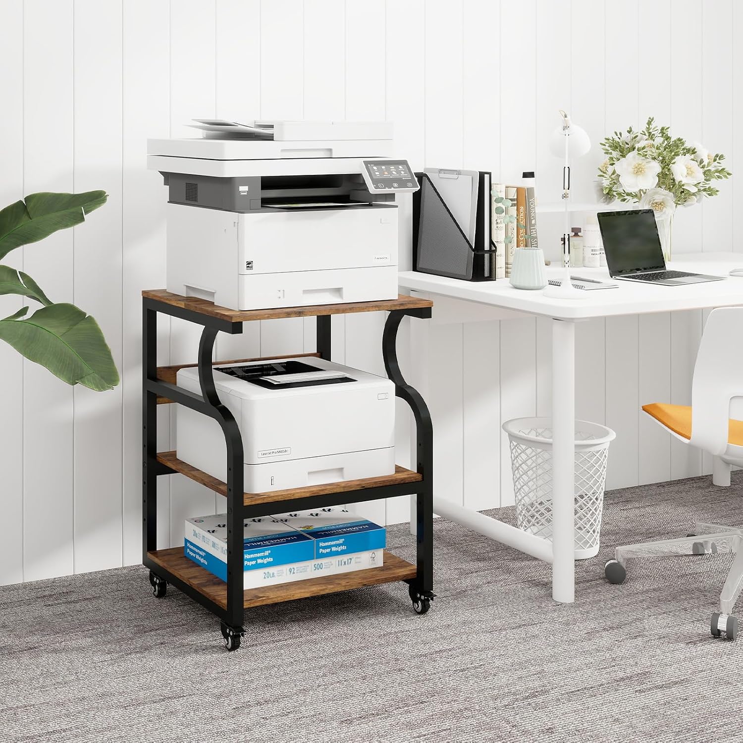 Natwind Large 3-Tier Rolling Printer Cart with Adjustable Shelf, 24'x20' Mobile Stand for Heat Press, 3D Printer, Home Office Multifunctional Shelves with Locking Wheels (Retro)