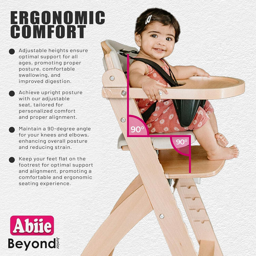 Abiie Beyond Junior Wooden High Chair for Babies and Toddlers - Convertible 3-in-1 Baby Highchair with Removable Tray - 6 Months to 250 Lb - Water Resistant - Natural Wood/Black Pearl Cushion