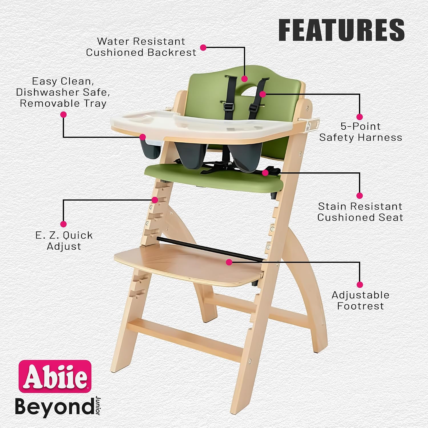 Abiie Beyond Junior Wooden High Chair for Babies and Toddlers - Convertible 3-in-1 Baby Highchair with Removable Tray - 6 Months to 250 Lb - Water Resistant - Natural Wood/Olive Cushion