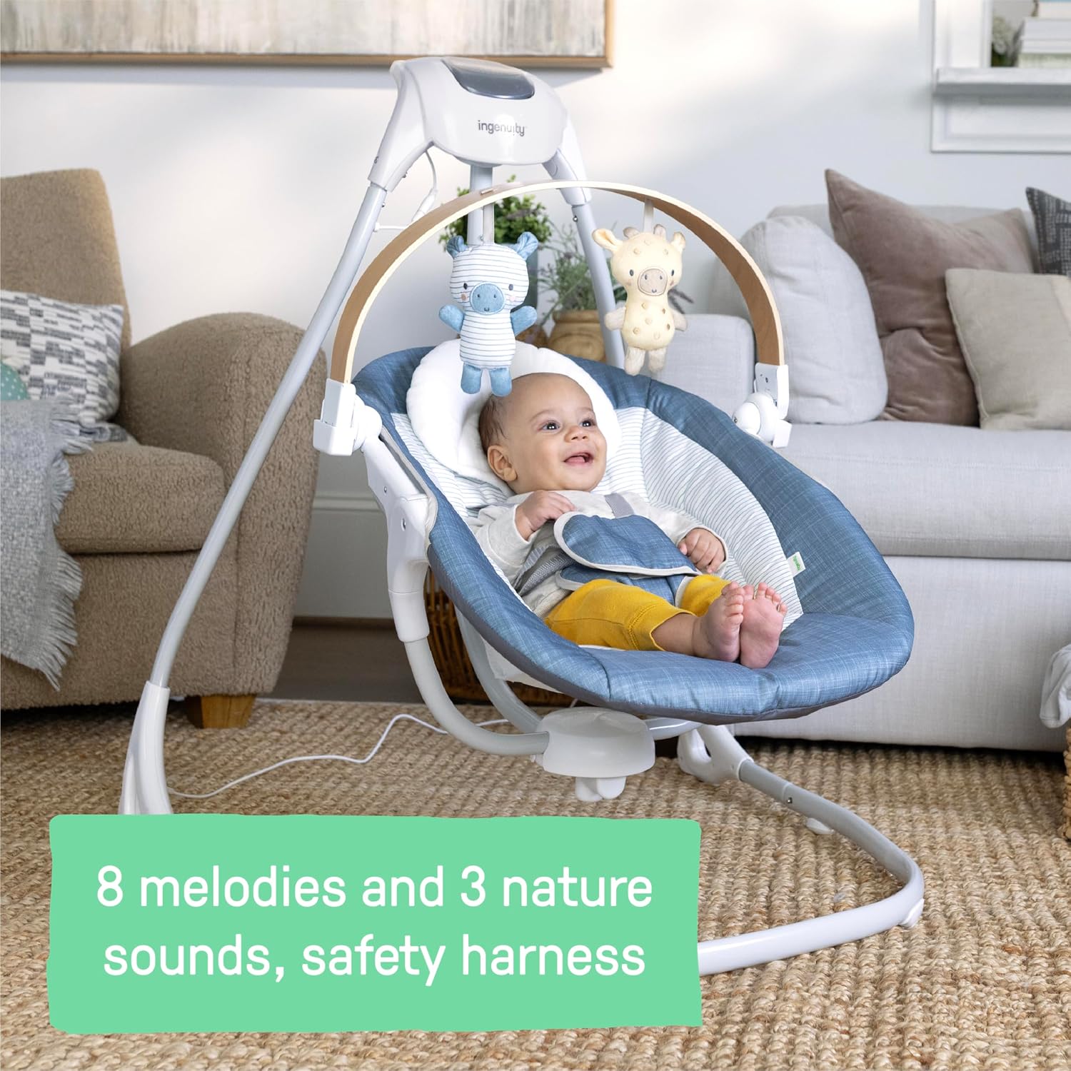 Ingenuity SimpleComfort Compact Baby Swing, Rotating Seat Swings in 3 Directions, 6 Speeds, 8 Melodies & 3 Nature Sounds, Ages 0-9 Months, Up to 20 Pounds - Chambray