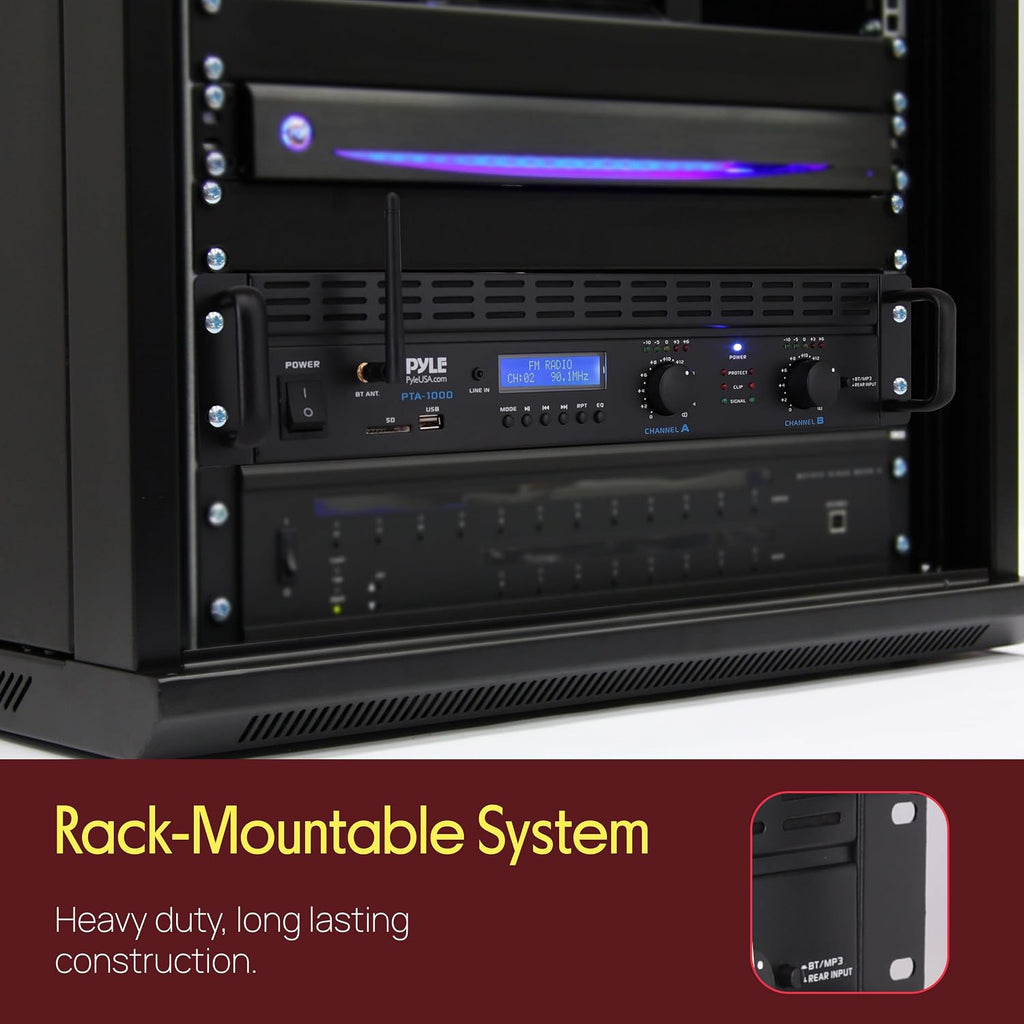 Pyle 2-Channel Rack Mount Power Amplifier with Bluetooth - 2000W Bridgeable with TRS XLR Input, Speakon Outputs, USB-A Input with MP3 Player, Bridge Mode, Cooling Fan, LED Level Meters - PTA1000BT
