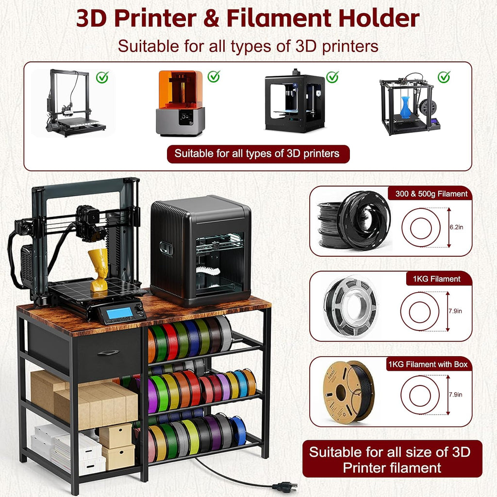 Frebomboo 3D Printer Filament Storage Rack, Versatile 3D Printer Stand Shelf with Drawer, Mobile 3-Tier Metal Filament Spool Holder, Perfect 3D Printer Cart Desk for Office Workshop Studio